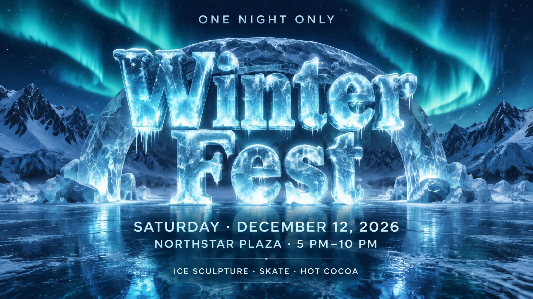 "Winter Fest
ONE NIGHT ONLY
SATURDAY · DECEMBER 12, 2026
NORTHSTAR PLAZA · 5 PM–10 PM
ICE SCULPTURE · SKATE · HOT COCOA" — Glass Frozen | AI Text Effect Generator