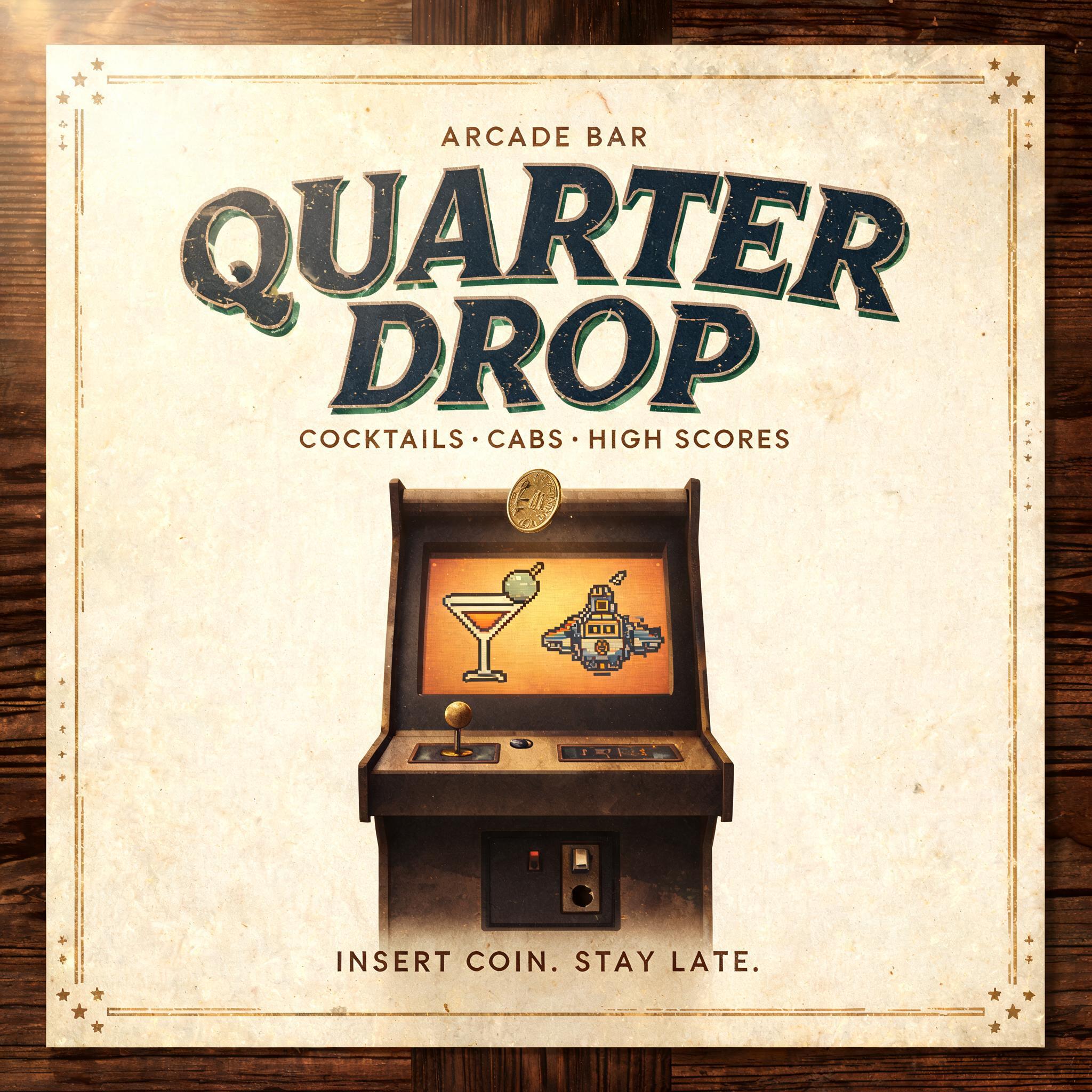 "QUARTER
DROP
ARCADE BAR
COCKTAILS · CABS · HIGH SCORES
INSERT COIN. STAY LATE." — Vintage text effect