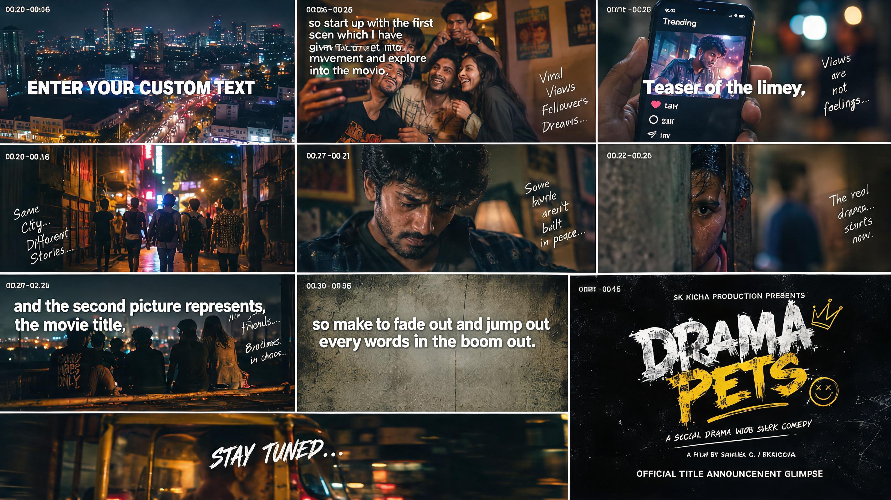"ENTER YOUR CUSTOM TEXT so start up with the first scene which I have given Photos to get into movement and explore into the movie. Teaser of the limey, and the second picture represents the movie title, so make it to fade out and jump out every words" — Cinematic Netflix | AI Text Effect Generator
