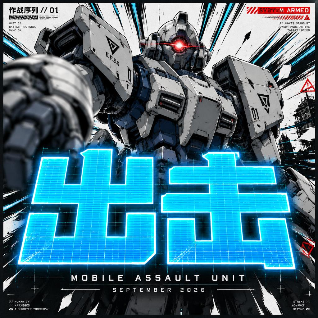 "出击
作战序列 // 01
SYSTEM ARMED
MOBILE ASSAULT UNIT
SEPTEMBER 2026" — Anime | AI Text Effect Generator
