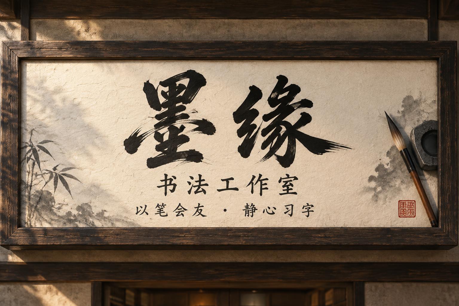 "墨缘
书法工作室
以笔会友 · 静心习字" — Brush Chinese Ink | AI Text Effect Generator