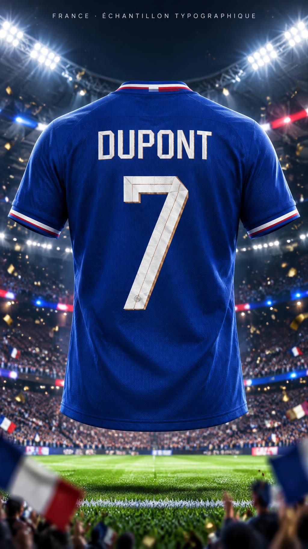 "7
DUPONT
FRANCE · ÉCHANTILLON TYPOGRAPHIQUE" — Sports Football | AI Text Effect Generator