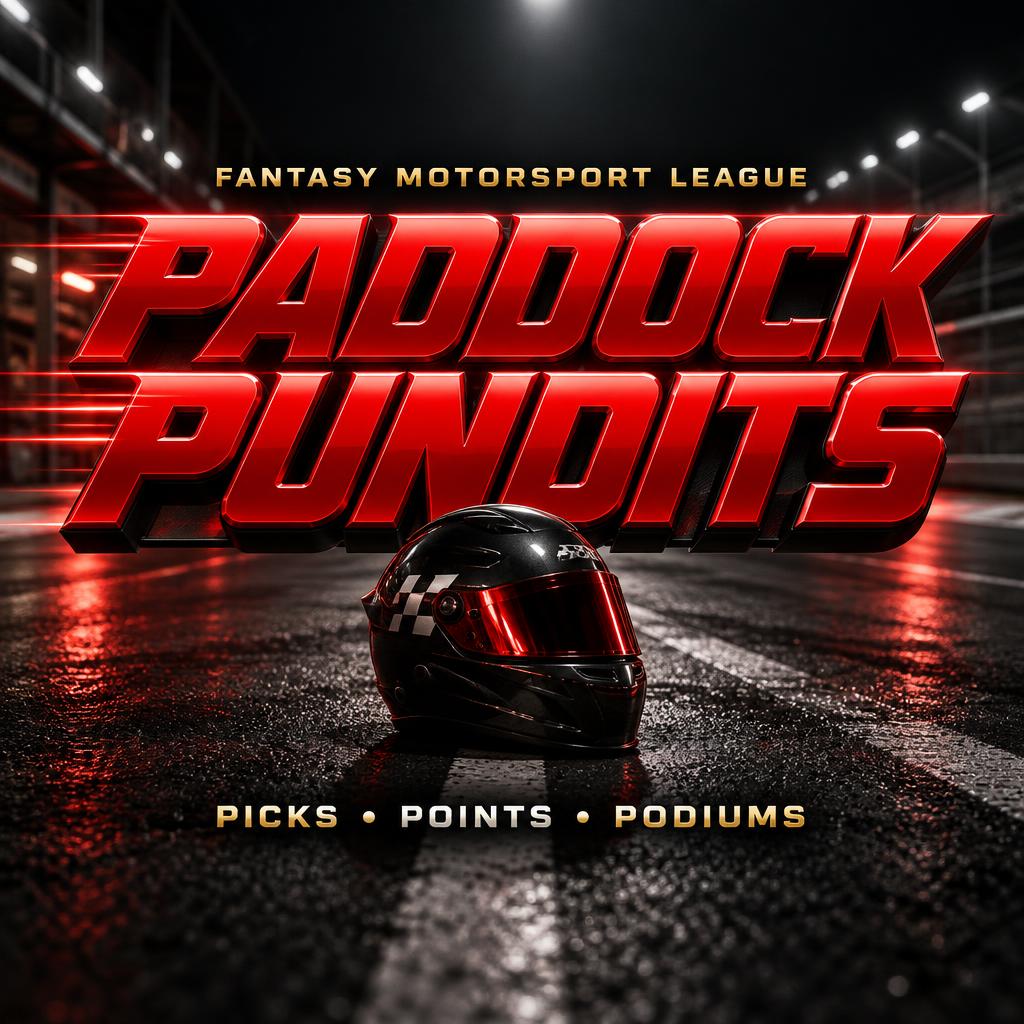 "PADDOCK PUNDITS
FANTASY MOTORSPORT LEAGUE
PICKS • POINTS • PODIUMS" — Racing | AI Text Effect Generator