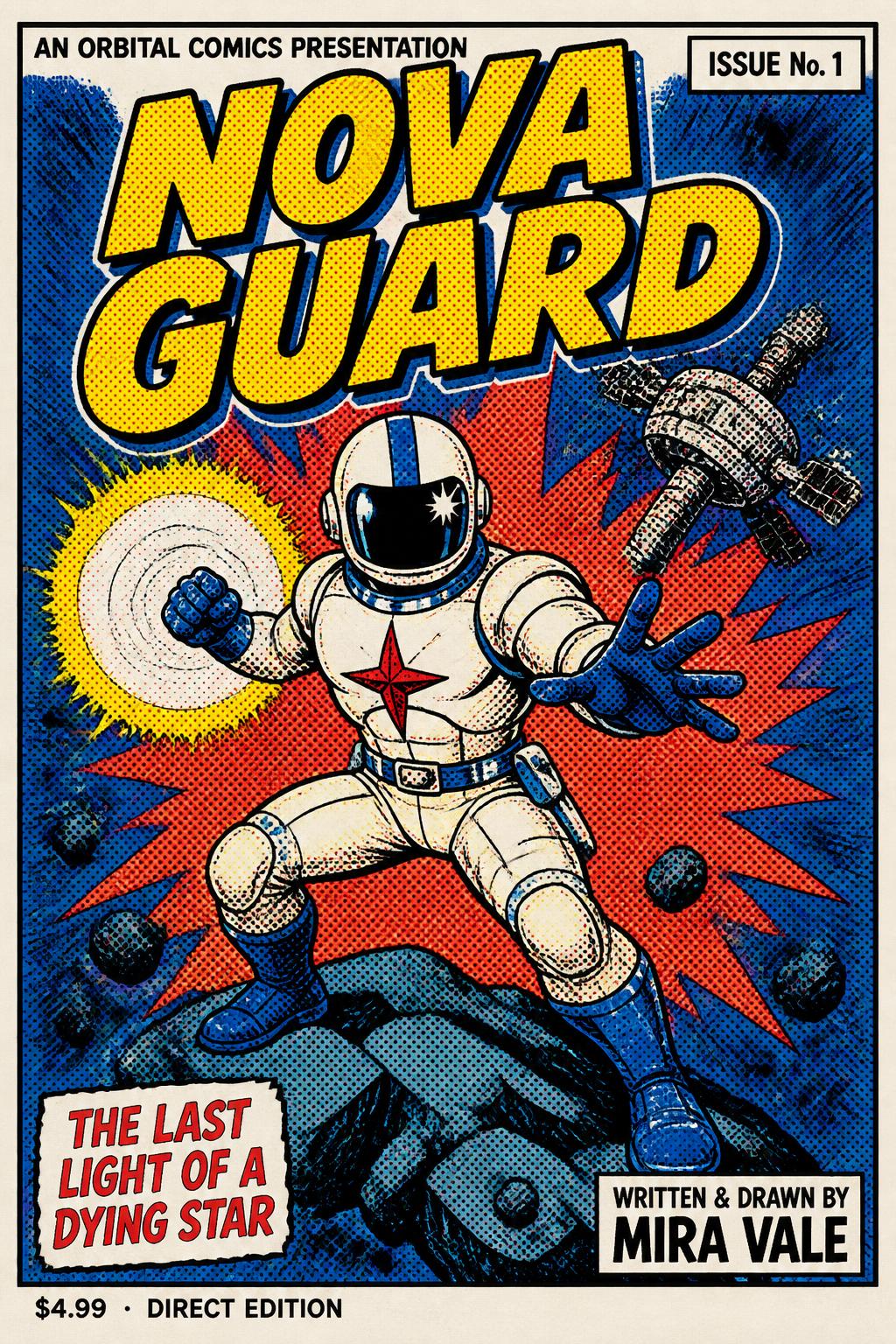"NOVA
GUARD
AN ORBITAL COMICS PRESENTATION
ISSUE No. 1
THE LAST LIGHT OF A DYING STAR
WRITTEN & DRAWN BY MIRA VALE
$4.99  ·  DIRECT EDITION" — Comic Book | AI Text Effect Generator