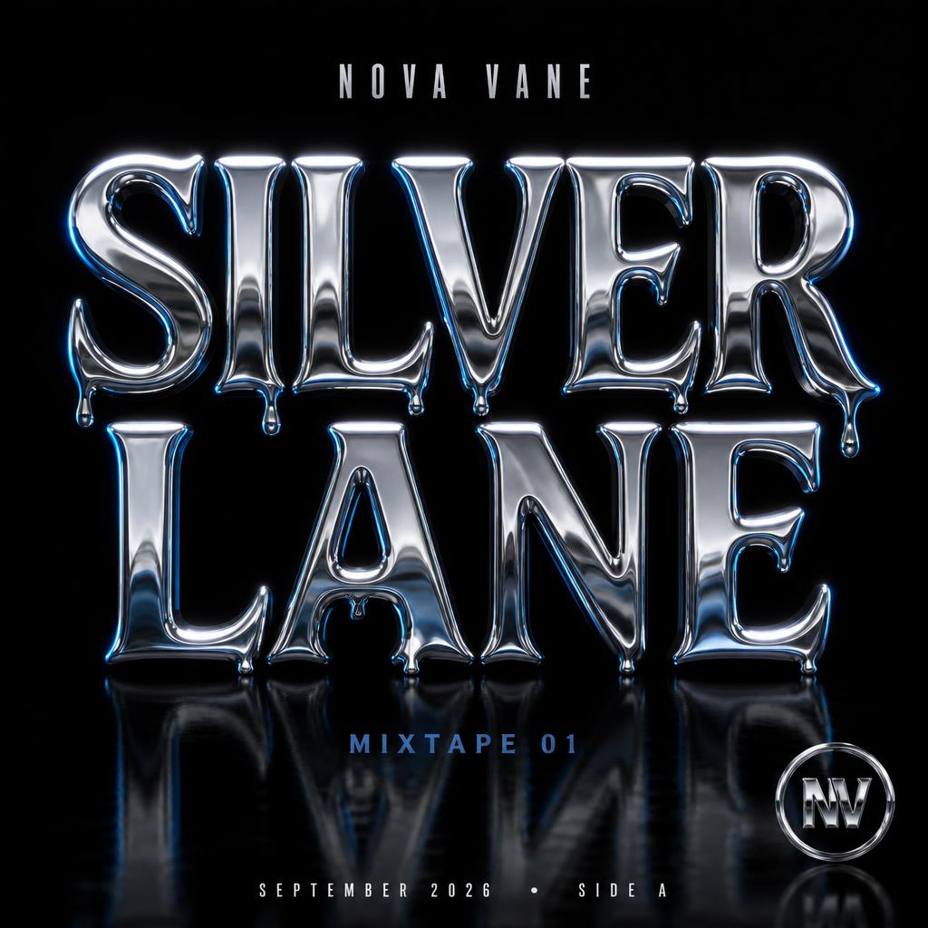 "SILVER LANE
NOVA VANE
MIXTAPE 01
SEPTEMBER 2026  •  SIDE A
NV" — Cyberpunk Chrome text effect