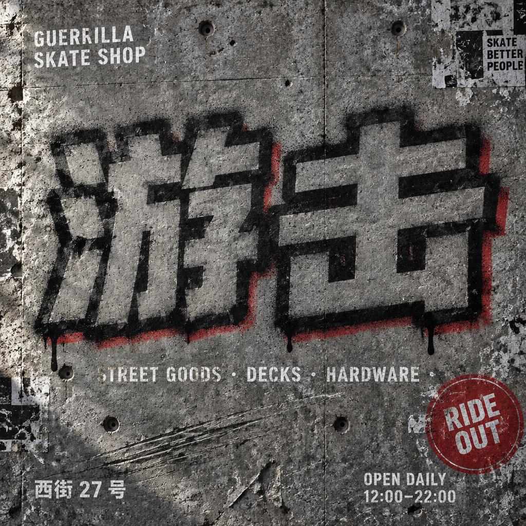 "游击
GUERRILLA SKATE SHOP
STREET GOODS · DECKS · HARDWARE
西街 27 号
OPEN DAILY 12:00–22:00
RIDE OUT" — Stencil | AI Text Effect Generator