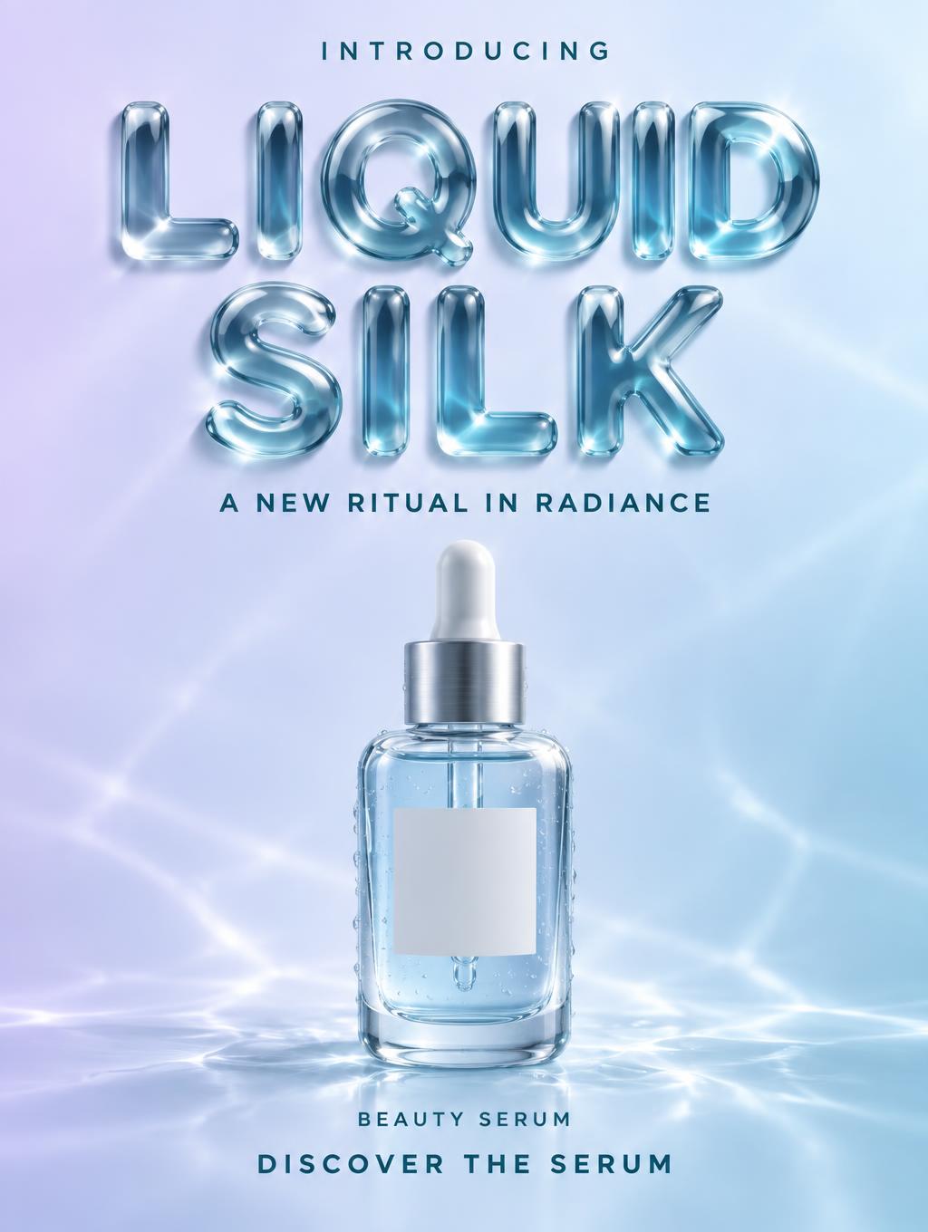 "INTRODUCING
LIQUID SILK
A NEW RITUAL IN RADIANCE
BEAUTY SERUM
DISCOVER THE SERUM" — Glass Liquid | AI Text Effect Generator