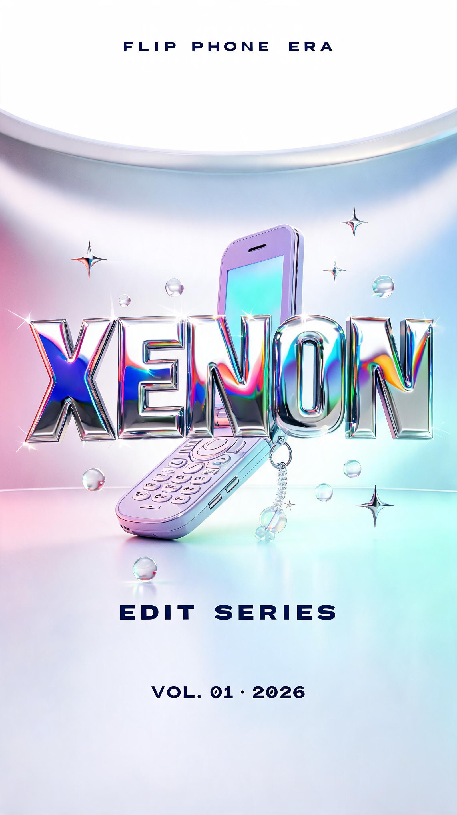 "XENON
FLIP PHONE ERA
EDIT SERIES
VOL. 01 · 2026" — Y2k Chrome | AI Text Effect Generator
