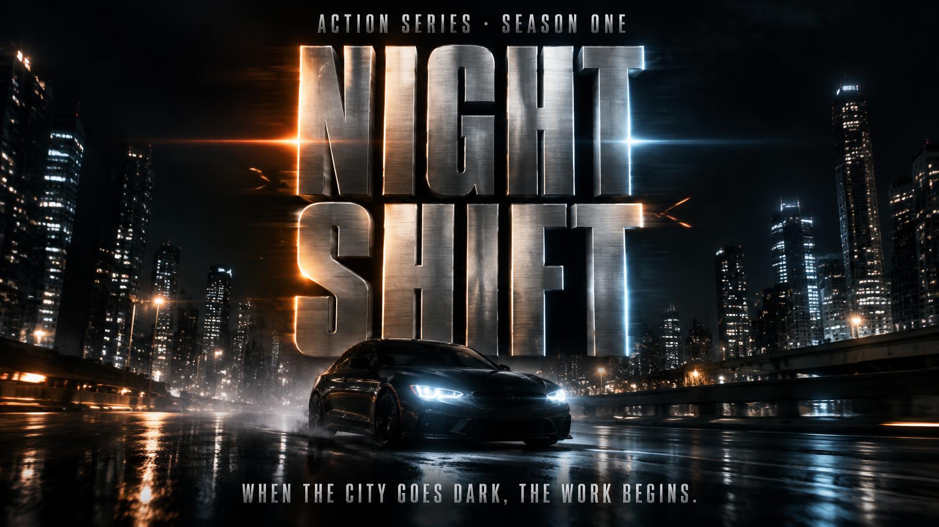 "NIGHT SHIFT
WHEN THE CITY GOES DARK, THE WORK BEGINS.
ACTION SERIES · SEASON ONE" — Cinematic Action | AI Text Effect Generator