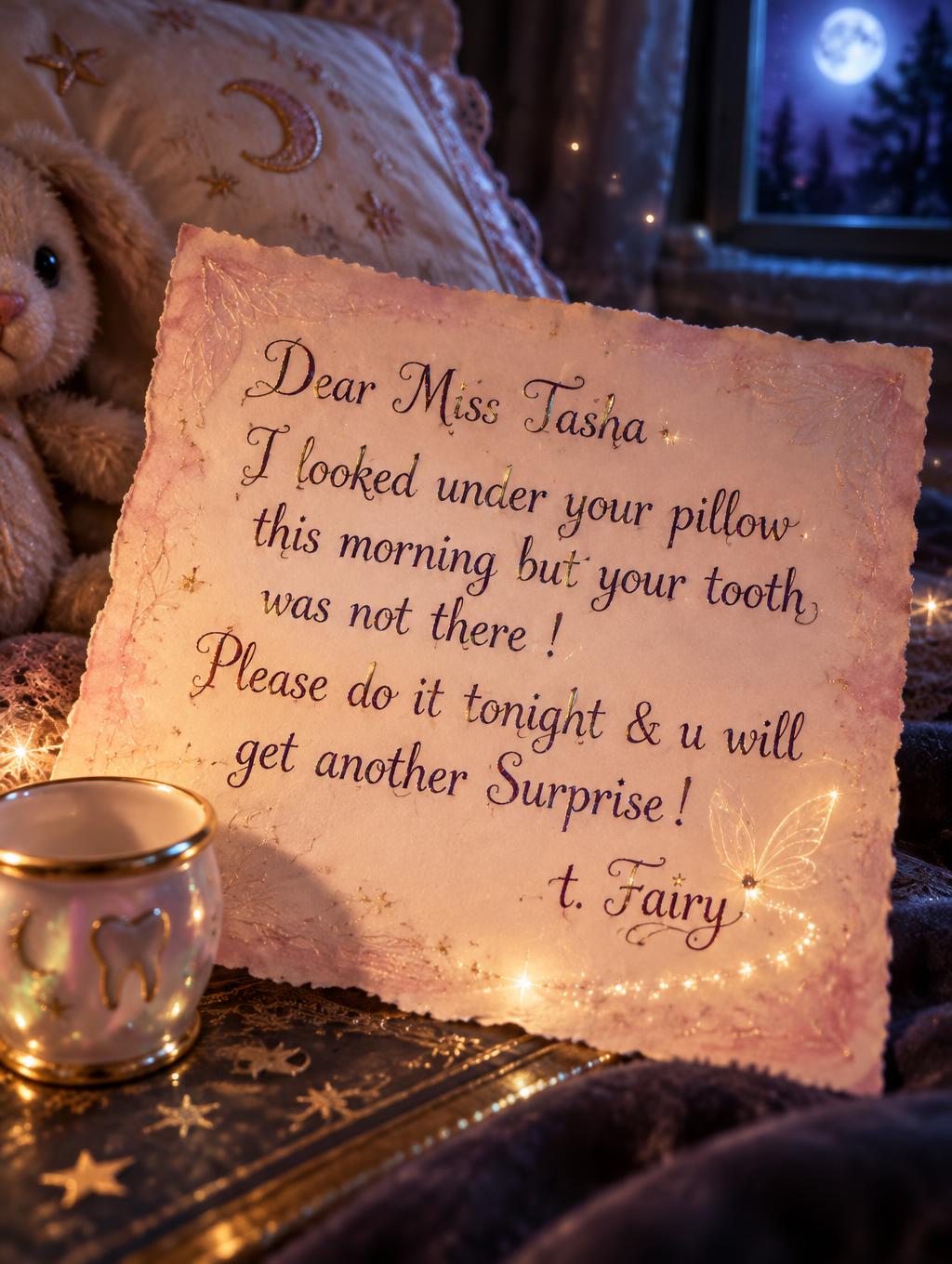 "Dear Miss Tasha I looked under your pillow this morning but your tooth was not there ! Please do it tonight & u will get another Surprise! t. Fairy" — Fairy Tale | AI Text Effect Generator