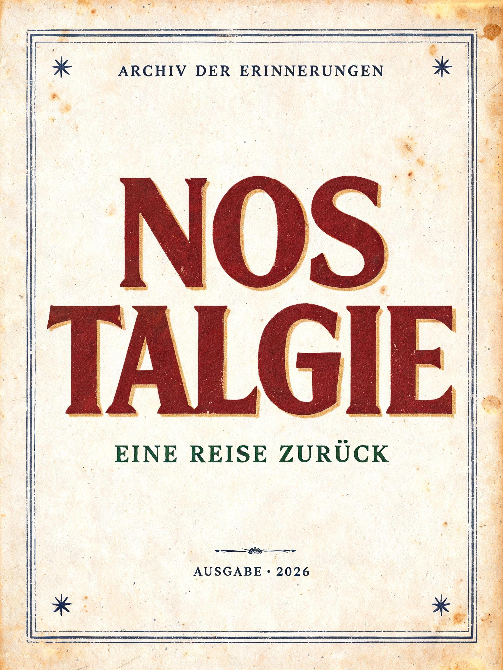 "NOSTALGIE
ARCHIV DER ERINNERUNGEN
EINE REISE ZURÜCK
AUSGABE · 2026" — Vintage | AI Text Effect Generator