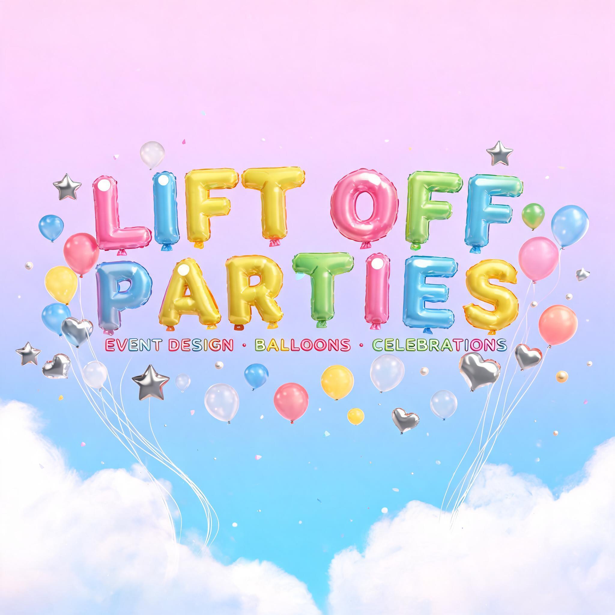 "LIFT OFF
PARTIES
EVENT DESIGN · BALLOONS · CELEBRATIONS" — Y2k Bubbly | AI Text Effect Generator