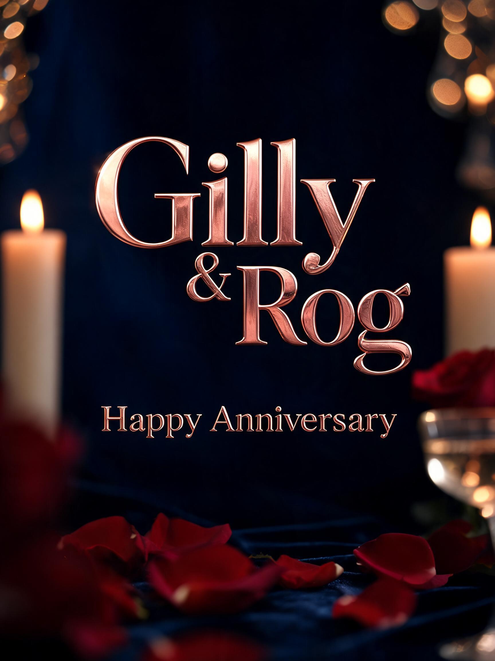 "Gilly & Rog 
Happy Anniversary" — Anniversary text effect