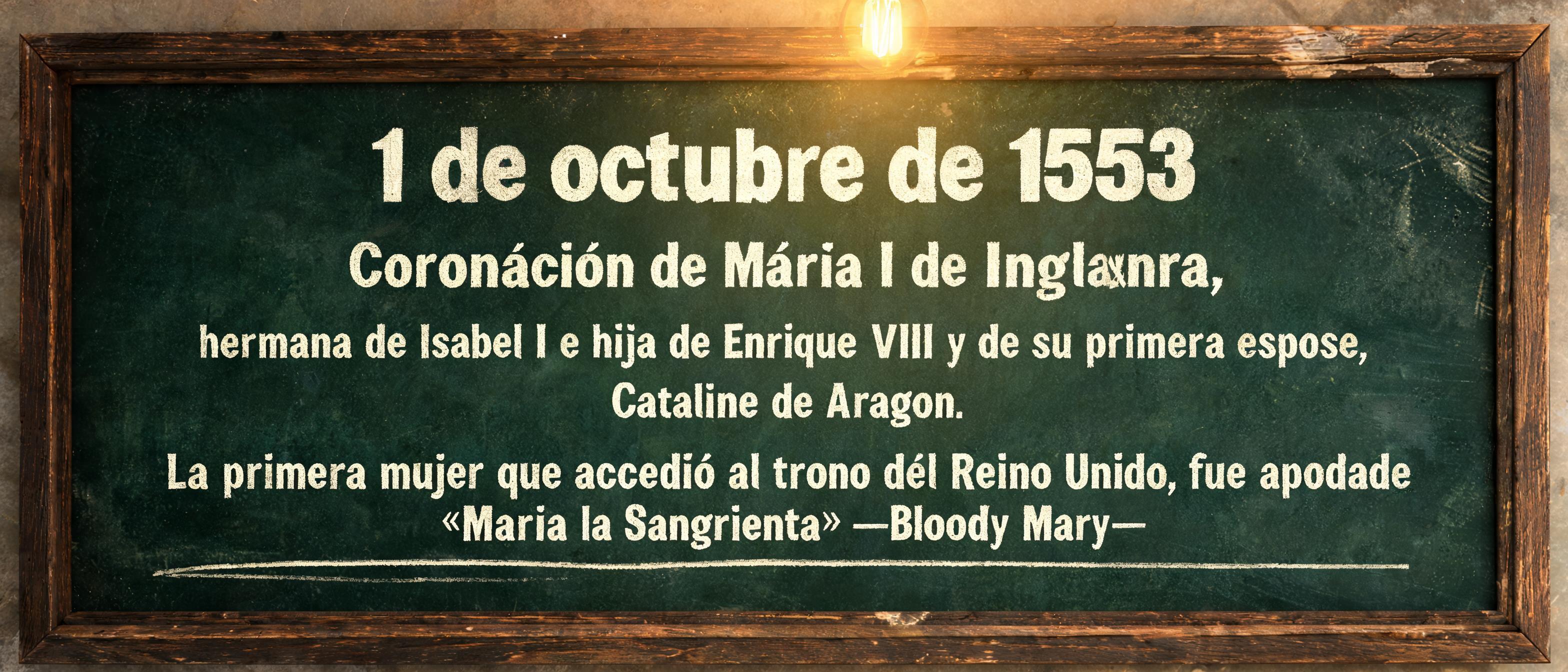 1 de octubre de 1553 
Coronación de María I de Inglaterra, hermana de Isabel I e hija de Enrique VIII y de su primera esposa, Catalina de Aragón.
La primera mujer que accedió al trono del Reino Unido, fue apodada «María la Sangrienta» —Bloody Mary—