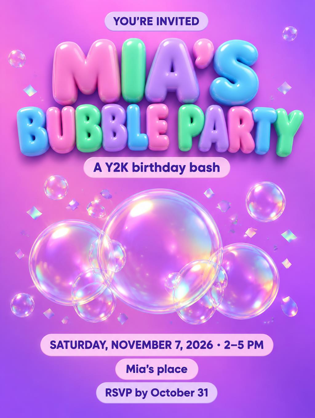 "MIA'S BUBBLE PARTY
A Y2K birthday bash
YOU'RE INVITED
SATURDAY, NOVEMBER 7, 2026 · 2–5 PM
Mia's place
RSVP by October 31" — 3d Bold Inflated text effect