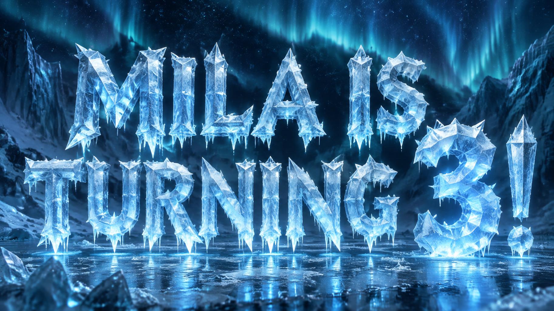 "MILA IS TURNING 3!" — Glass Frozen text effect