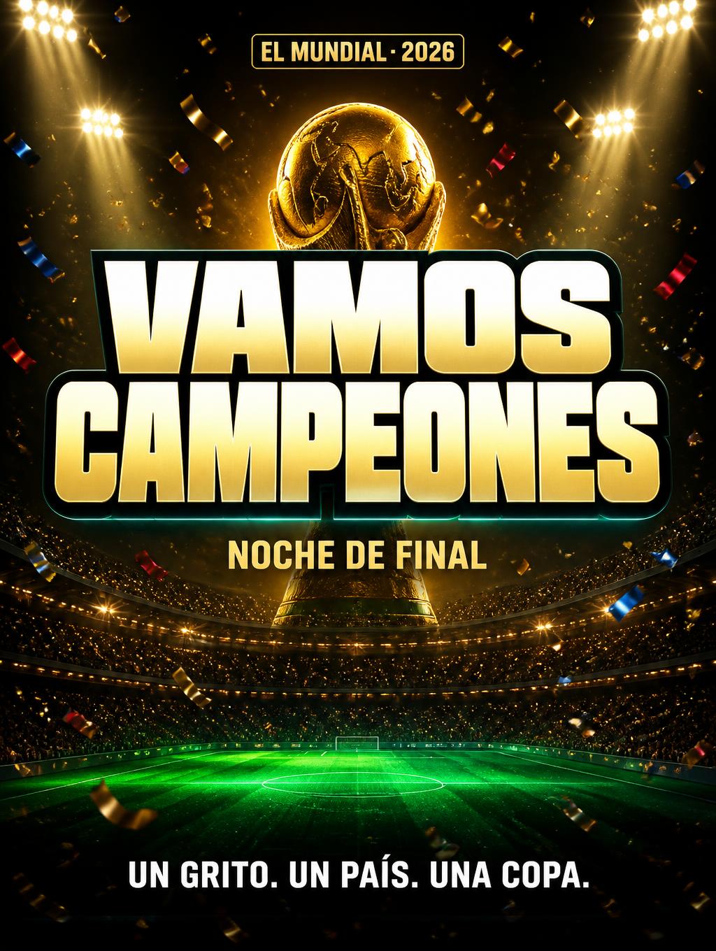 "VAMOS
CAMPEONES
EL MUNDIAL · 2026
NOCHE DE FINAL
UN GRITO. UN PAÍS. UNA COPA." — Sports Football | AI Text Effect Generator
