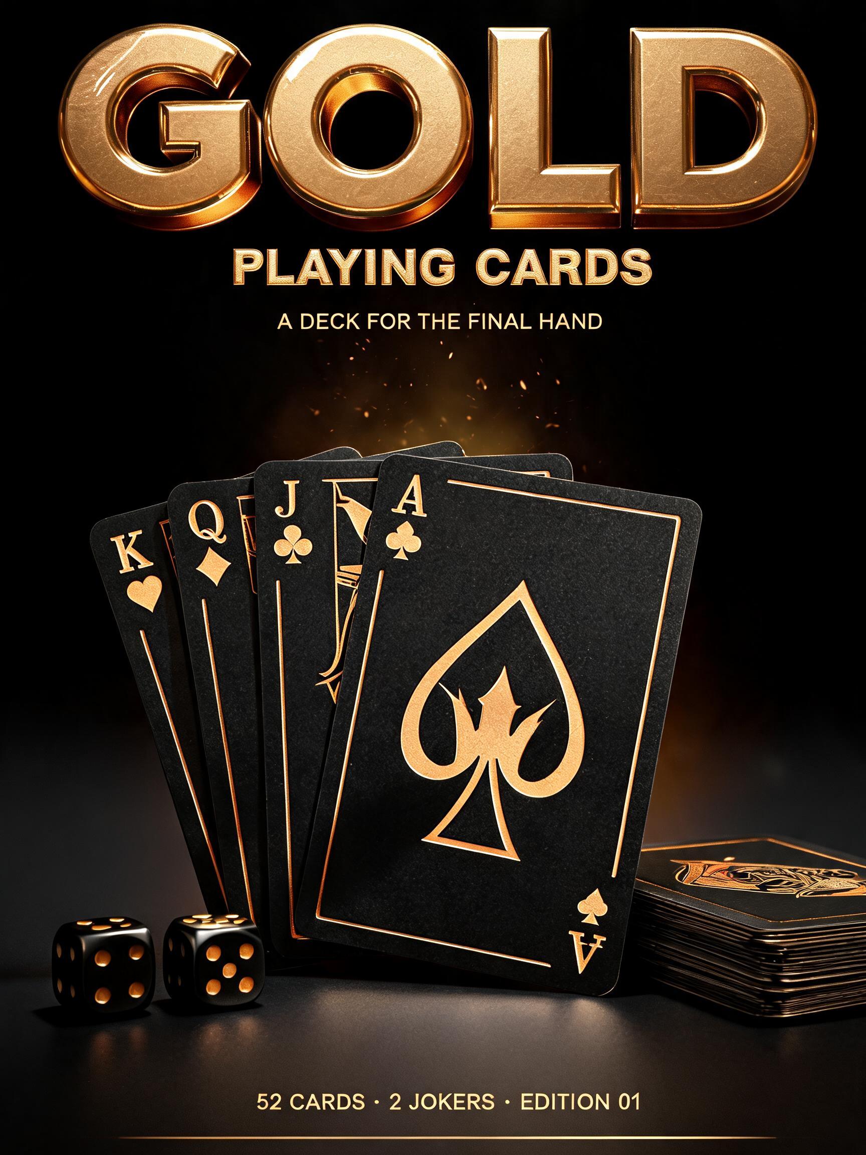 "GOLD
PLAYING CARDS
A DECK FOR THE FINAL HAND
52 CARDS · 2 JOKERS · EDITION 01" — 3d Bold Gold text effect