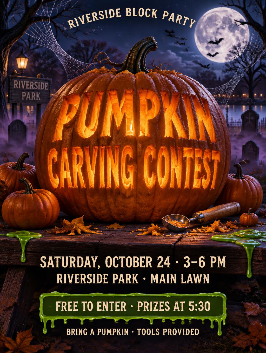 "RIVERSIDE BLOCK PARTY
PUMPKIN
CARVING CONTEST
SATURDAY, OCTOBER 24 · 3–6 PM
RIVERSIDE PARK · MAIN LAWN
FREE TO ENTER · PRIZES AT 5:30
BRING A PUMPKIN · TOOLS PROVIDED" — Halloween text effect