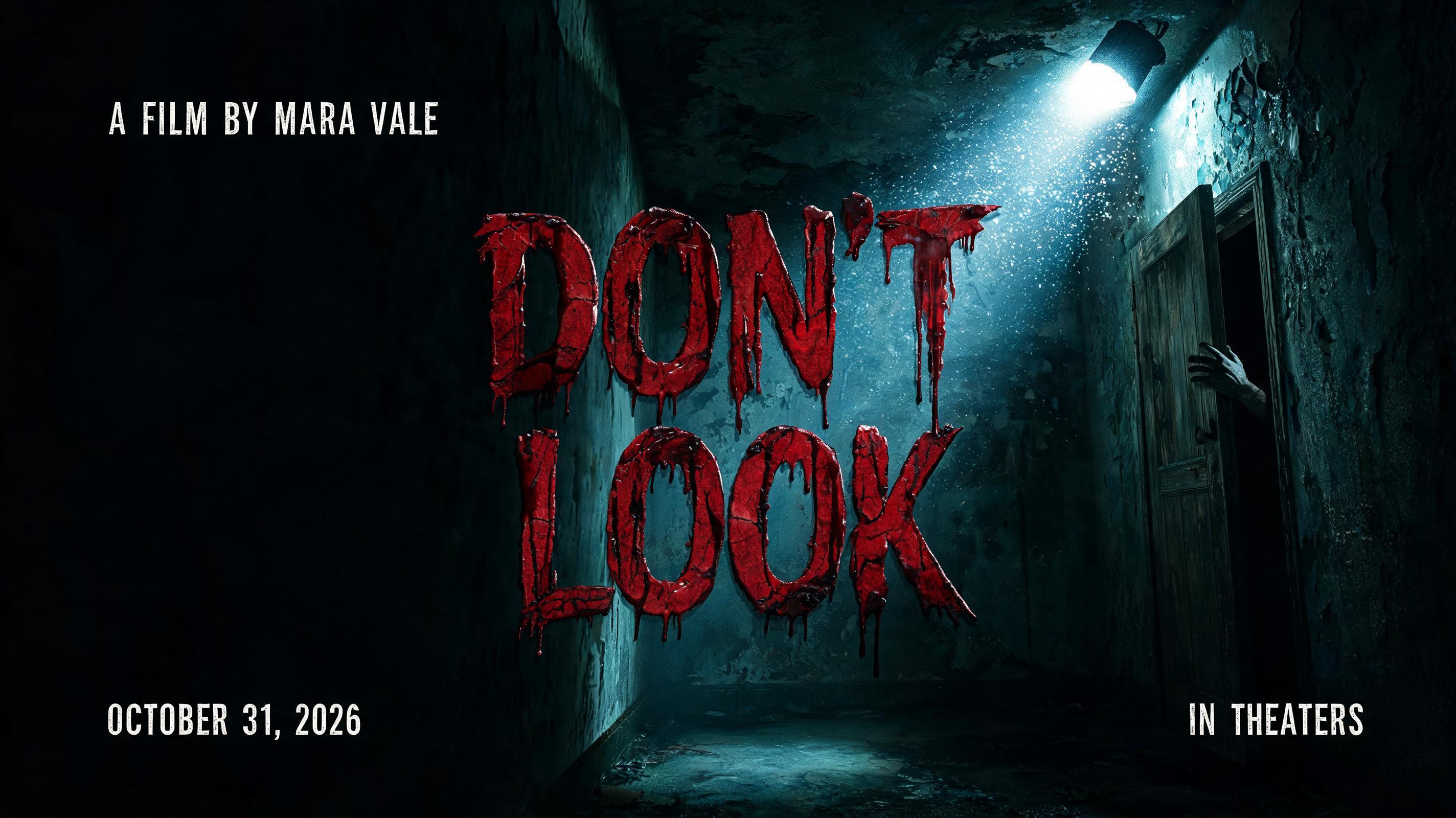 "DON'T LOOK
A FILM BY MARA VALE
OCTOBER 31, 2026
IN THEATERS" — Cinematic Horror | AI Text Effect Generator