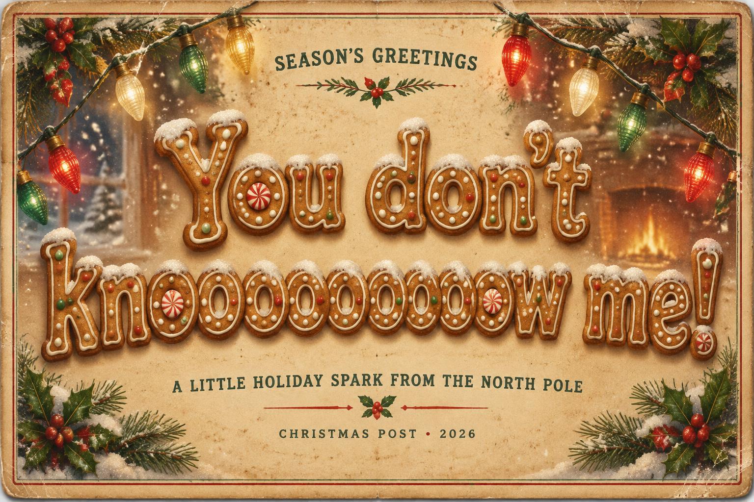 "SEASON'S GREETINGS
You don't knoooooooooow me!
A LITTLE HOLIDAY SPARK FROM THE NORTH POLE
CHRISTMAS POST • 2026" — Christmas text effect