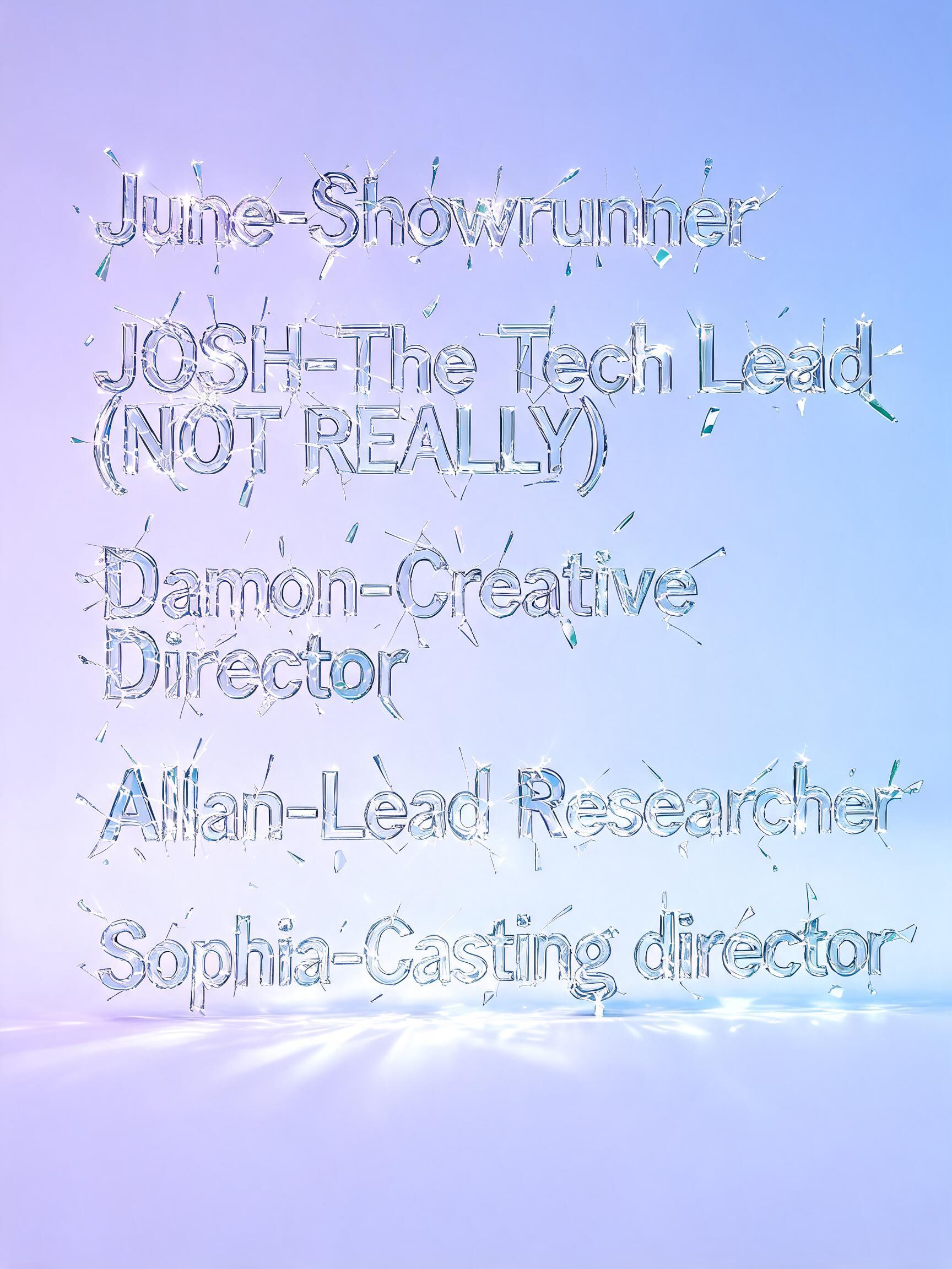 "June-Showrunner
JOSH-The Tech Lead(NOT REALLY)
Damon-Creative Director
Allan-Lead Researcher 
Sophia-Casting director" — Glass | AI Text Effect Generator