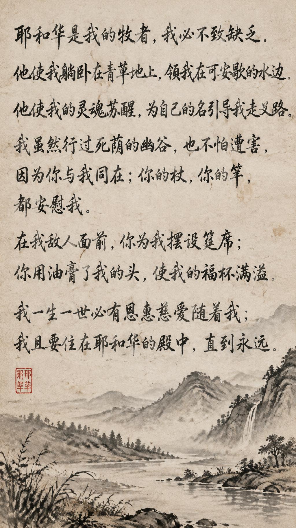"耶和华是我的牧者，我必不致缺乏.
他使我躺卧在青草地上，领我在可安歇的水边.
他使我的灵魂苏醒，为自己的名引导我走义路.
我虽然行过死荫的幽谷，也不怕遭害，因为你与我同在；你的杖，你的竿，都安慰我.
在我敌人面前，你为我摆设筵席；你用油膏了我的头，使我的福杯满溢.
我一生一世必有恩惠慈爱随着我；我且要住在耶和华的殿中，直到永远." — Brush Chinese Ink | AI Text Effect Generator
