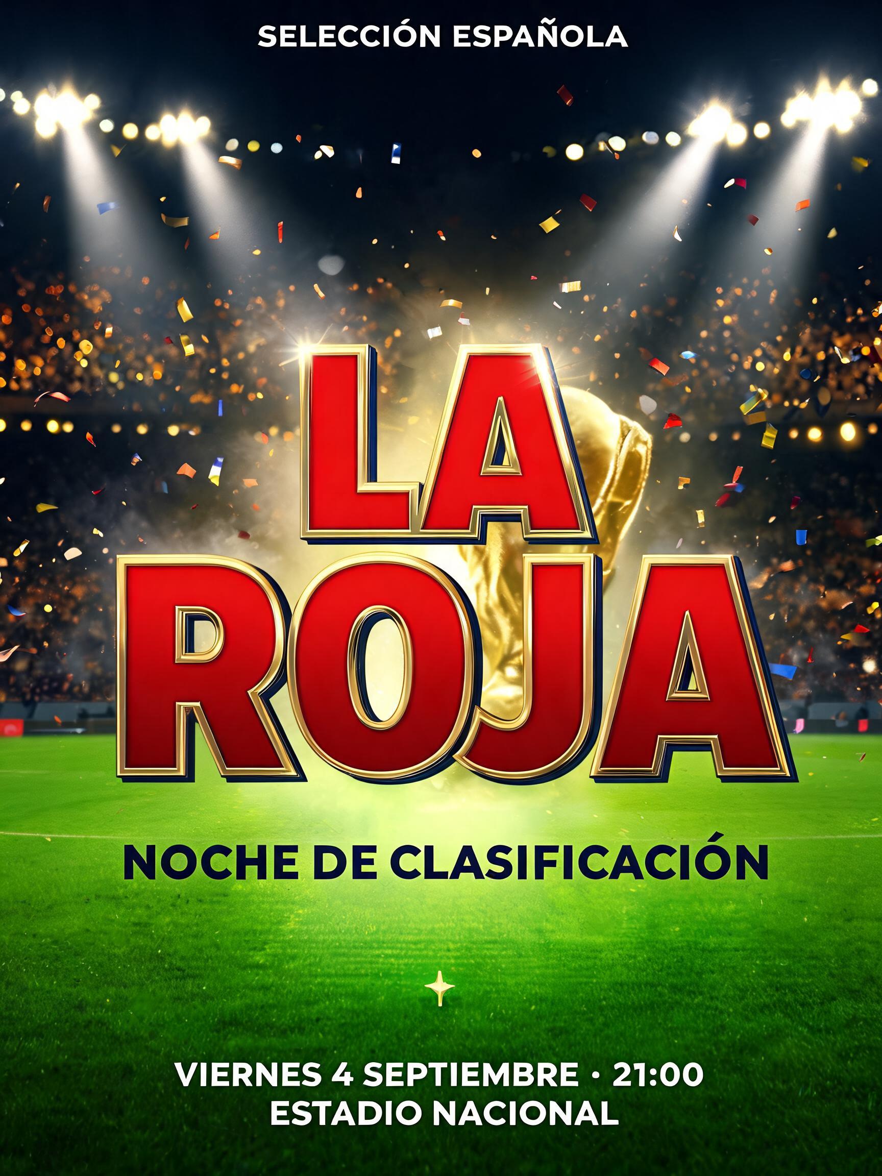 "LA ROJA
SELECCIÓN ESPAÑOLA
NOCHE DE CLASIFICACIÓN
VIERNES 4 SEPTIEMBRE · 21:00
ESTADIO NACIONAL" — Sports Football | AI Text Effect Generator
