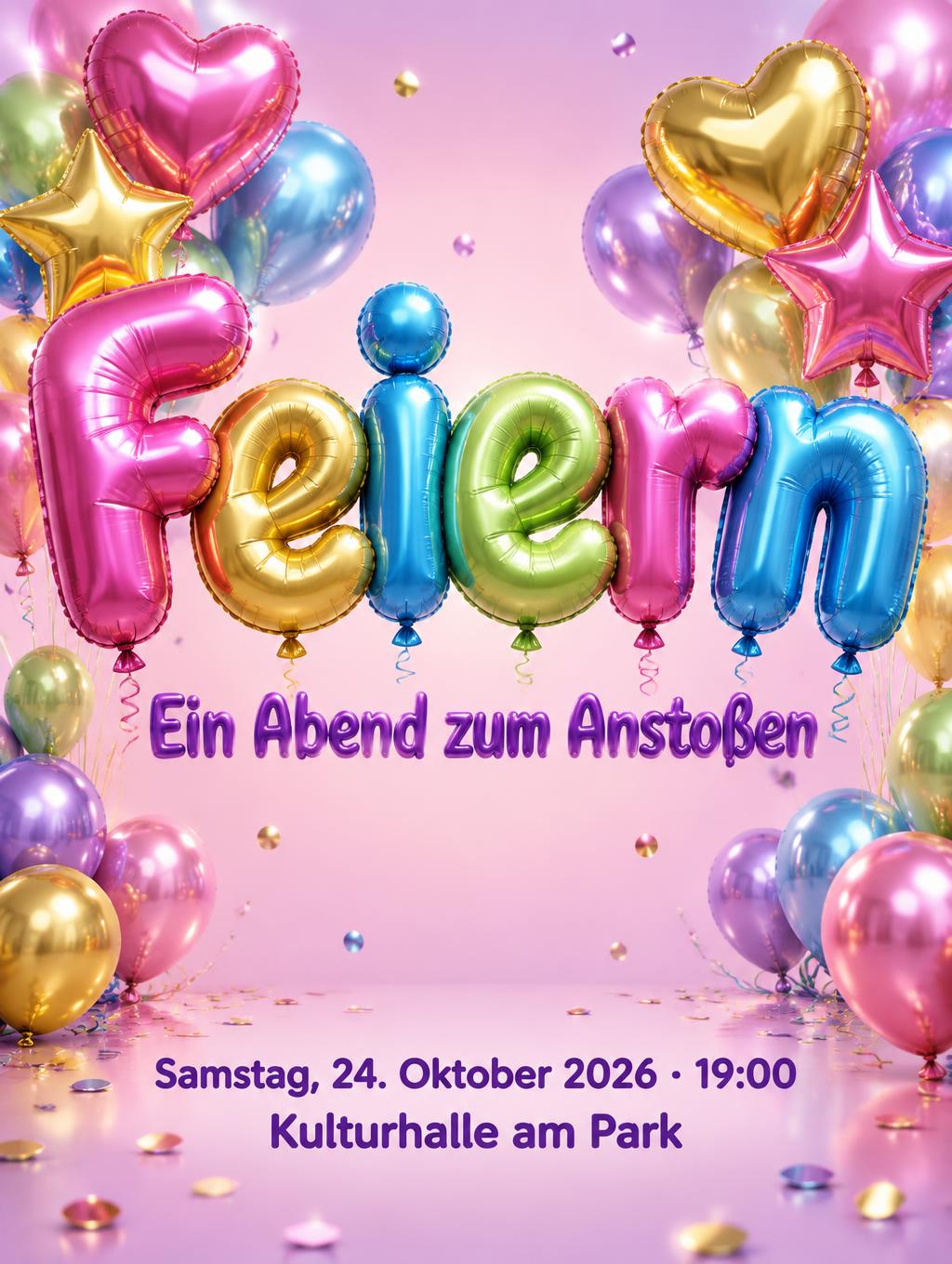 "Feiern
Ein Abend zum Anstoßen
Samstag, 24. Oktober 2026 · 19:00
Kulturhalle am Park" — Y2k Bubbly | AI Text Effect Generator