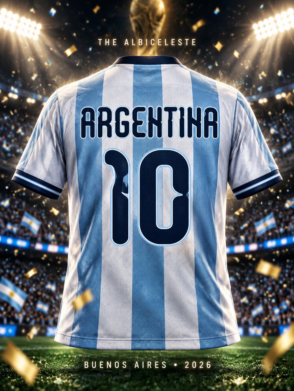 "ARGENTINA
10
THE ALBICELESTE
BUENOS AIRES • 2026" — Sports Football | AI Text Effect Generator