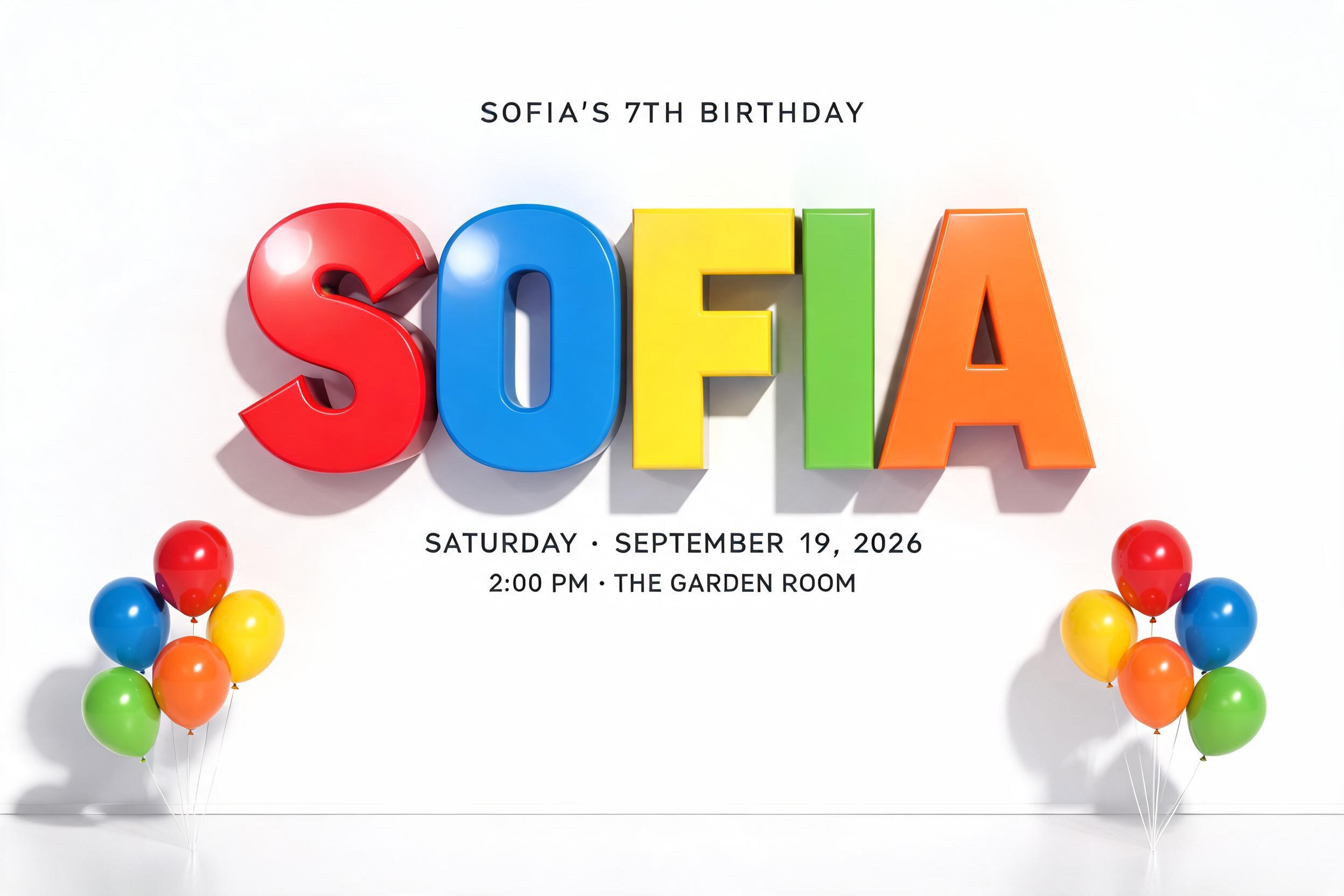 "SOFIA
SOFIA’S 7TH BIRTHDAY
SATURDAY · SEPTEMBER 19, 2026
2:00 PM · THE GARDEN ROOM" — 3d bold text effect