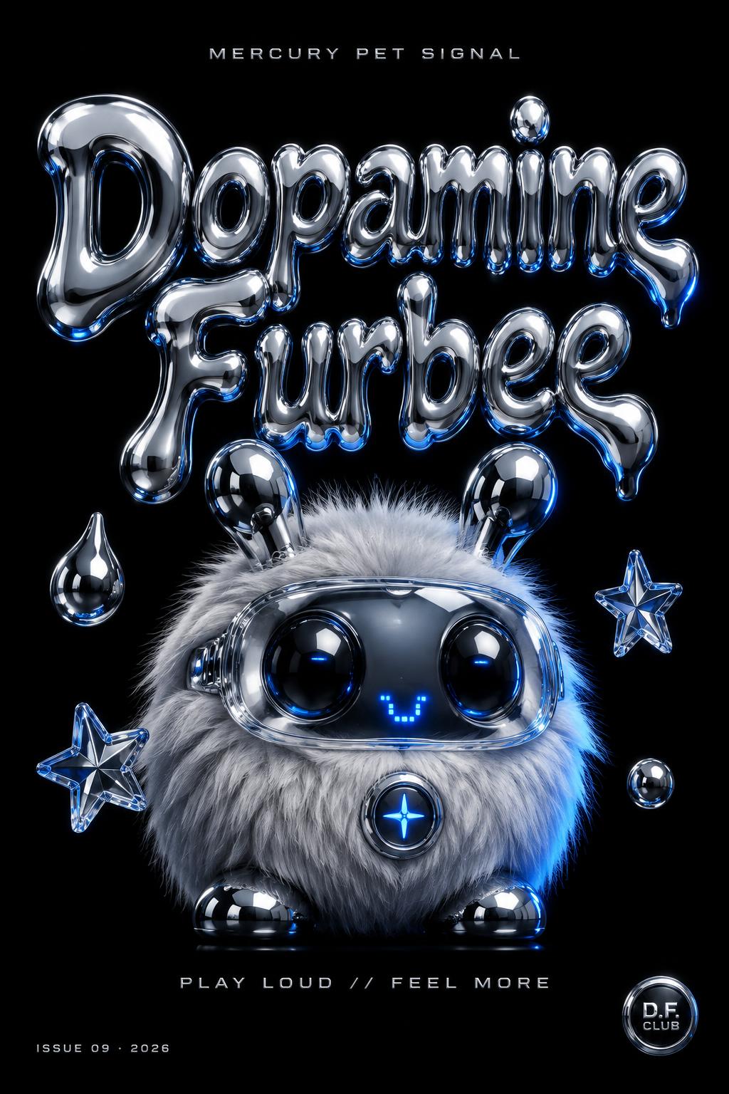 "Dopamine
Furbee
MERCURY PET SIGNAL
PLAY LOUD // FEEL MORE
ISSUE 09 · 2026
D.F. CLUB" — chrome metal 3d text effect