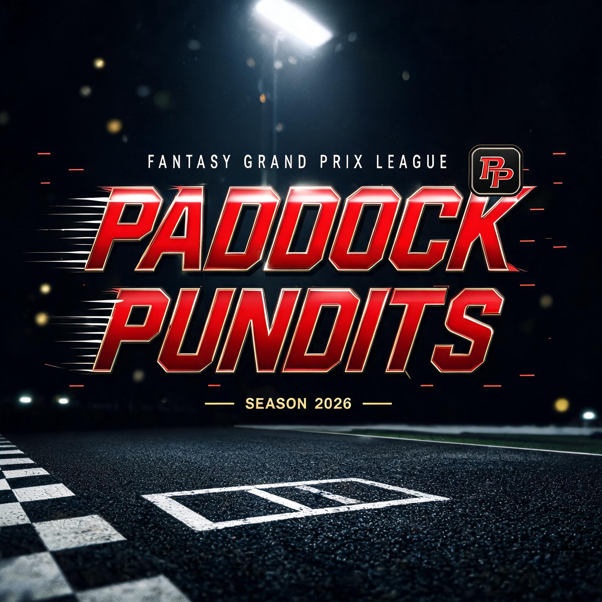 "PADDOCK
PUNDITS
FANTASY GRAND PRIX LEAGUE
SEASON 2026
PP" — Racing | AI Text Effect Generator
