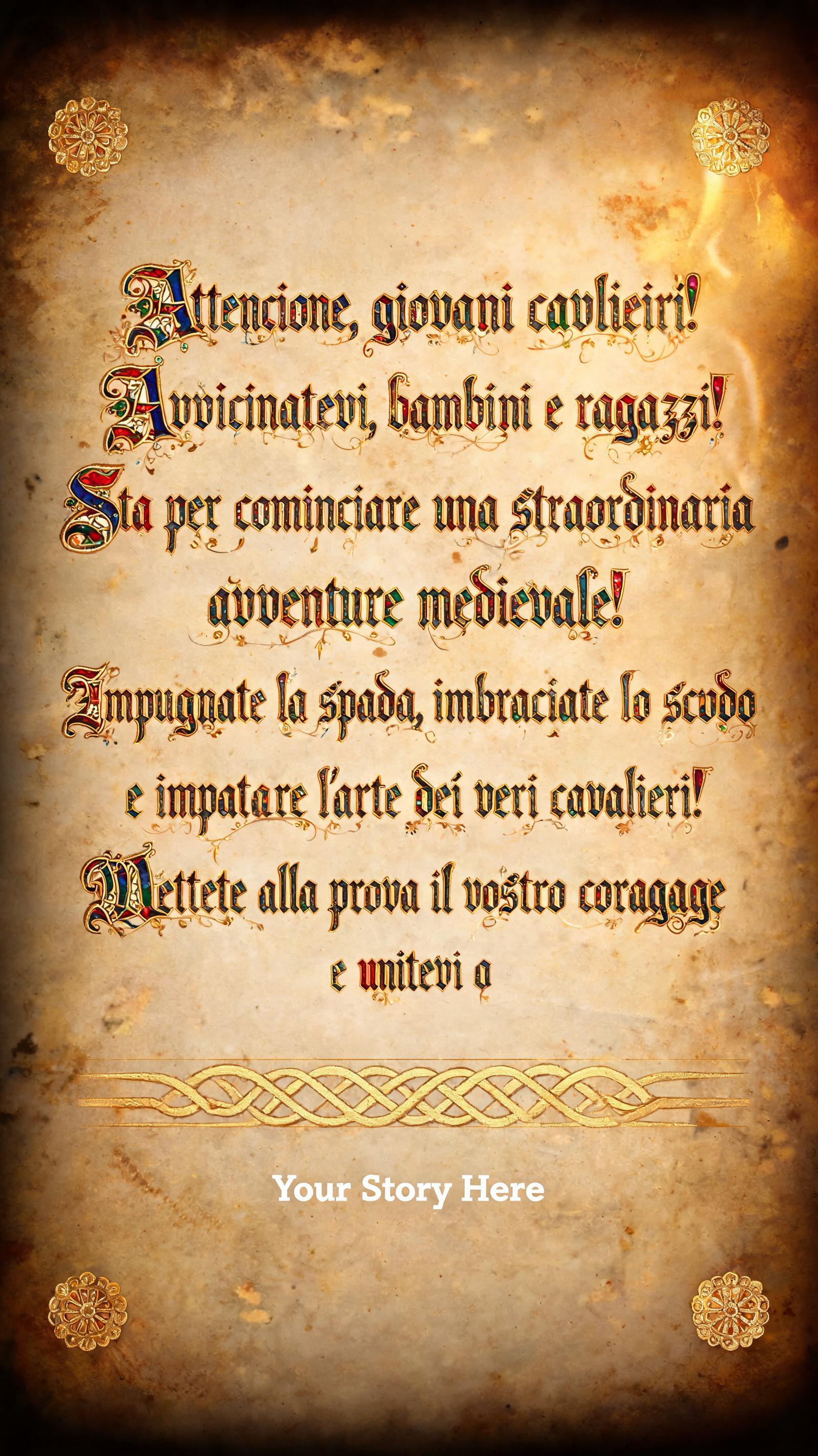 "Attenzione, giovani cavalieri! Avvicinatevi, bambini e ragazzi! Sta per cominciare una straordinaria avventura medievale! Impugnate la spada, imbracciate lo scudo e imparate l'arte dei veri cavalieri! Mettete alla prova il vostro coraggio e unitevi a" — Medieval | AI Text Effect Generator