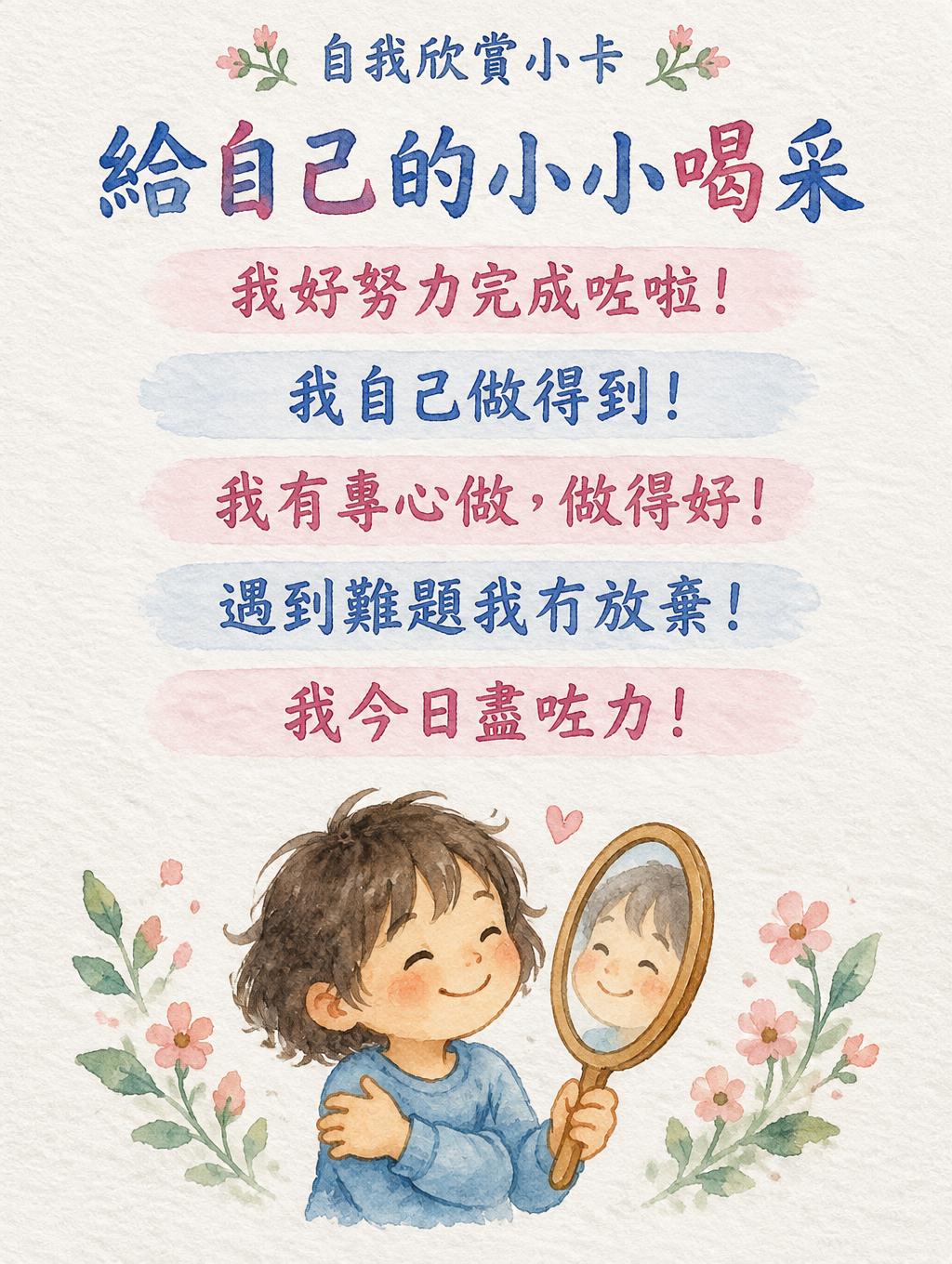 "給自己的小小喝采
我好努力完成咗啦！
我自己做得到！
我有專心做，做得好！
遇到難題我冇放棄！
我今日盡咗力！
自我欣賞小卡" — Watercolor | AI Text Effect Generator