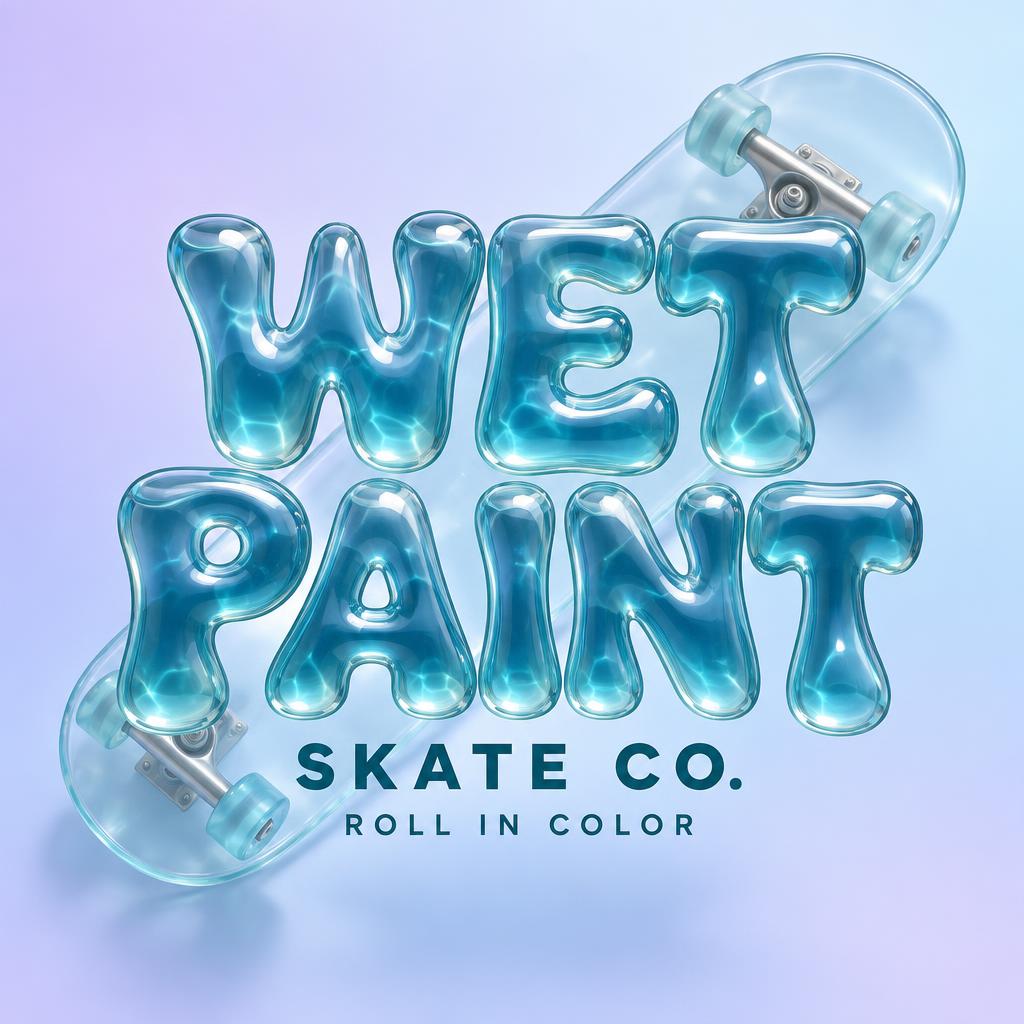 "WET PAINT
SKATE CO.
ROLL IN COLOR" — Glass Liquid | AI Text Effect Generator