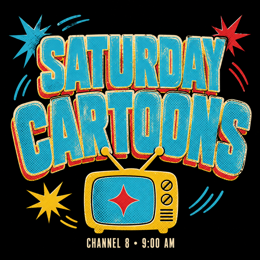 "SATURDAY
CARTOONS
CHANNEL 8 • 9:00 AM" — Vintage | AI Text Effect Generator