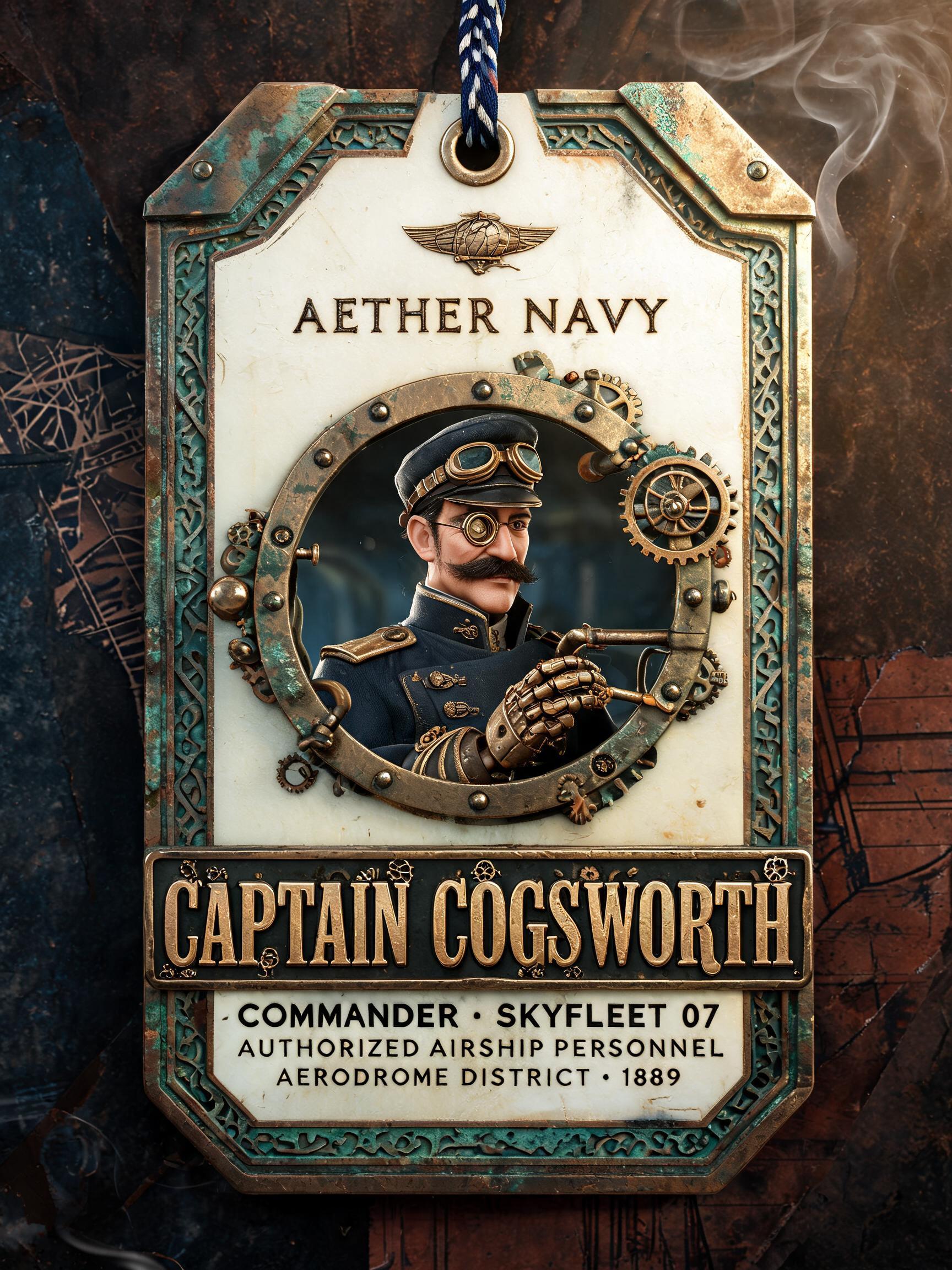 "AETHER NAVY
CAPTAIN COGSWORTH
COMMANDER · SKYFLEET 07
AUTHORIZED AIRSHIP PERSONNEL
AERODROME DISTRICT · 1889" — Steampunk text effect