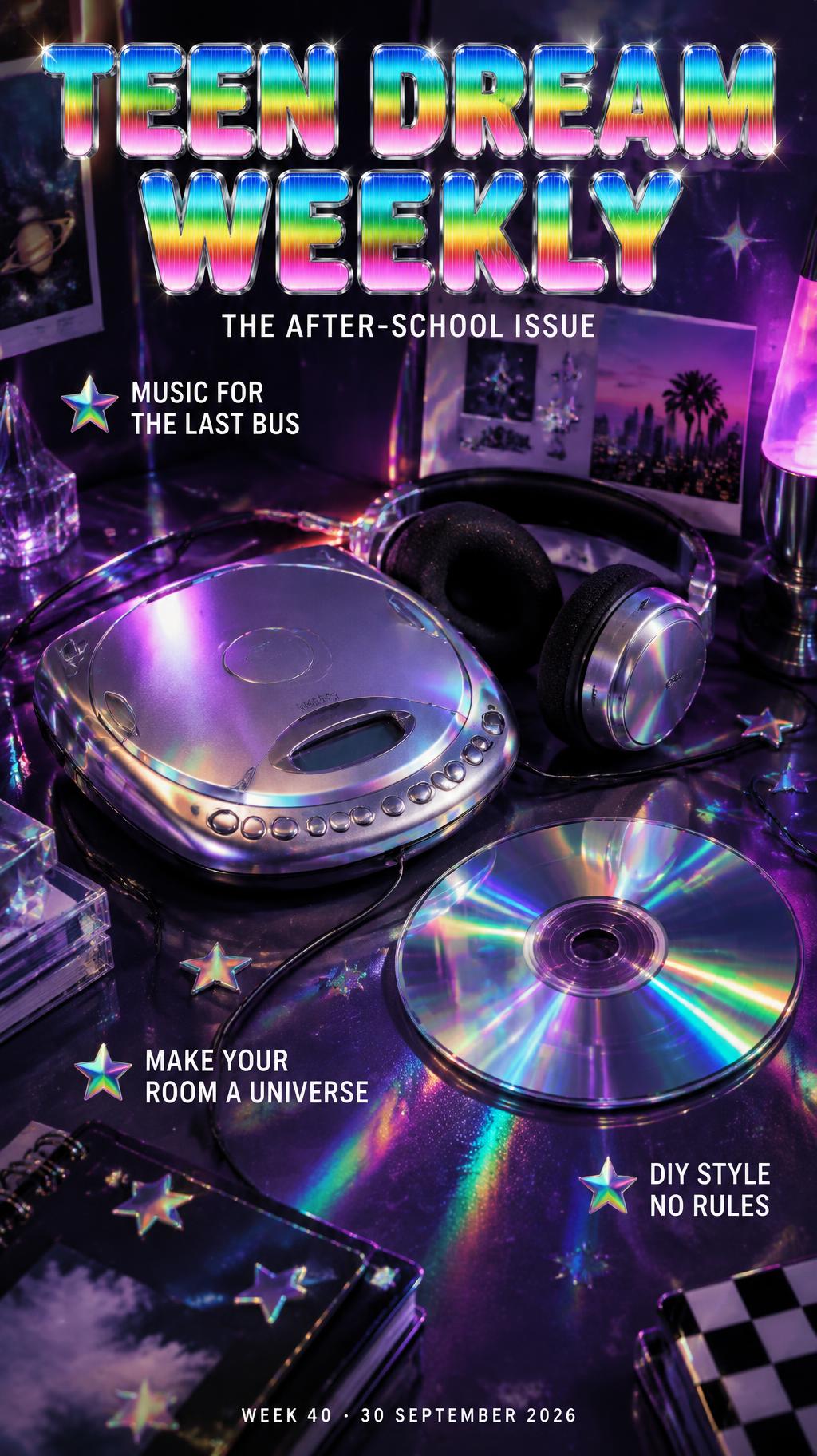 "TEEN DREAM WEEKLY
THE AFTER-SCHOOL ISSUE
MUSIC FOR THE LAST BUS
MAKE YOUR ROOM A UNIVERSE
DIY STYLE / NO RULES
WEEK 40 · 30 SEPTEMBER 2026" — Y2k Holographic | AI Text Effect Generator