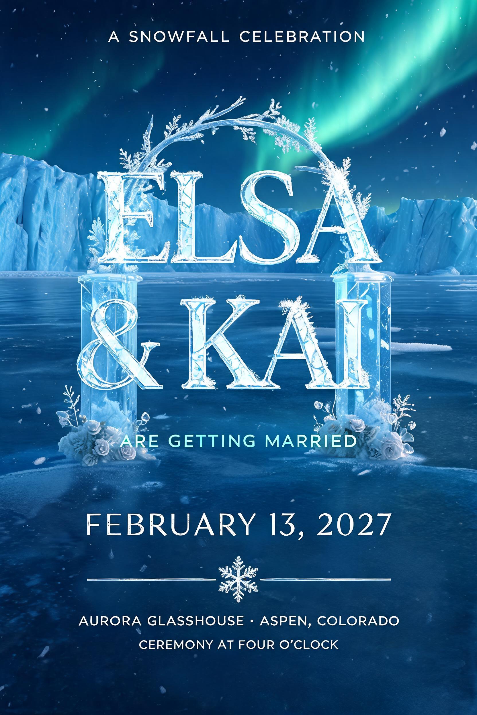 A SNOWFALL CELEBRATION
ELSA
& KAI
ARE GETTING MARRIED
FEBRUARY 13, 2027
AURORA GLASSHOUSE · ASPEN, COLORADO
CEREMONY AT FOUR O’CLOCK