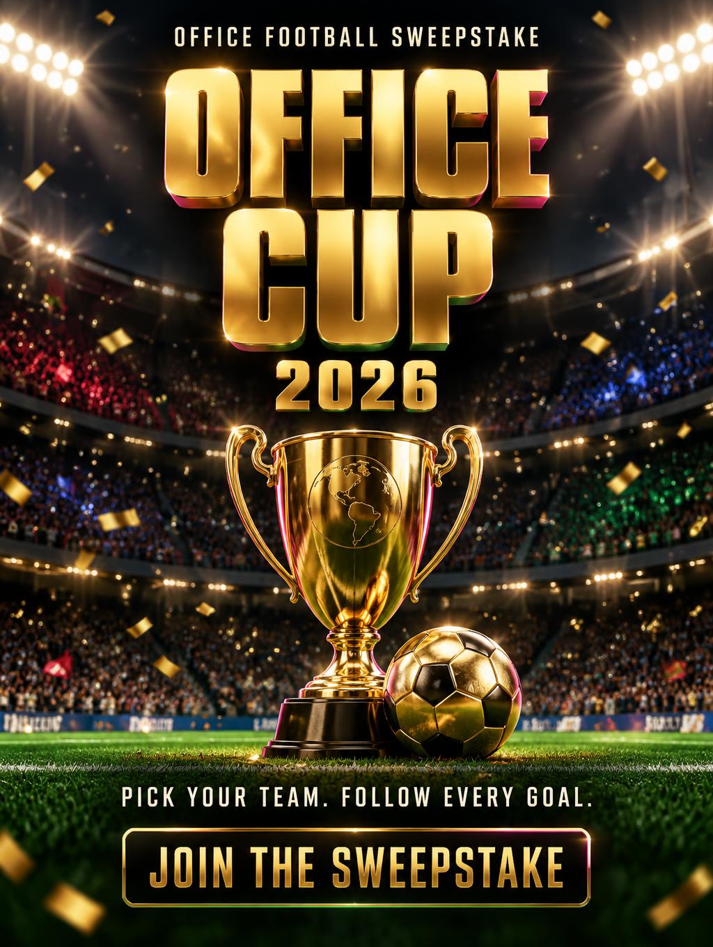"OFFICE FOOTBALL SWEEPSTAKE
OFFICE CUP
2026
PICK YOUR TEAM. FOLLOW EVERY GOAL.
JOIN THE SWEEPSTAKE" — Sports Football | AI Text Effect Generator