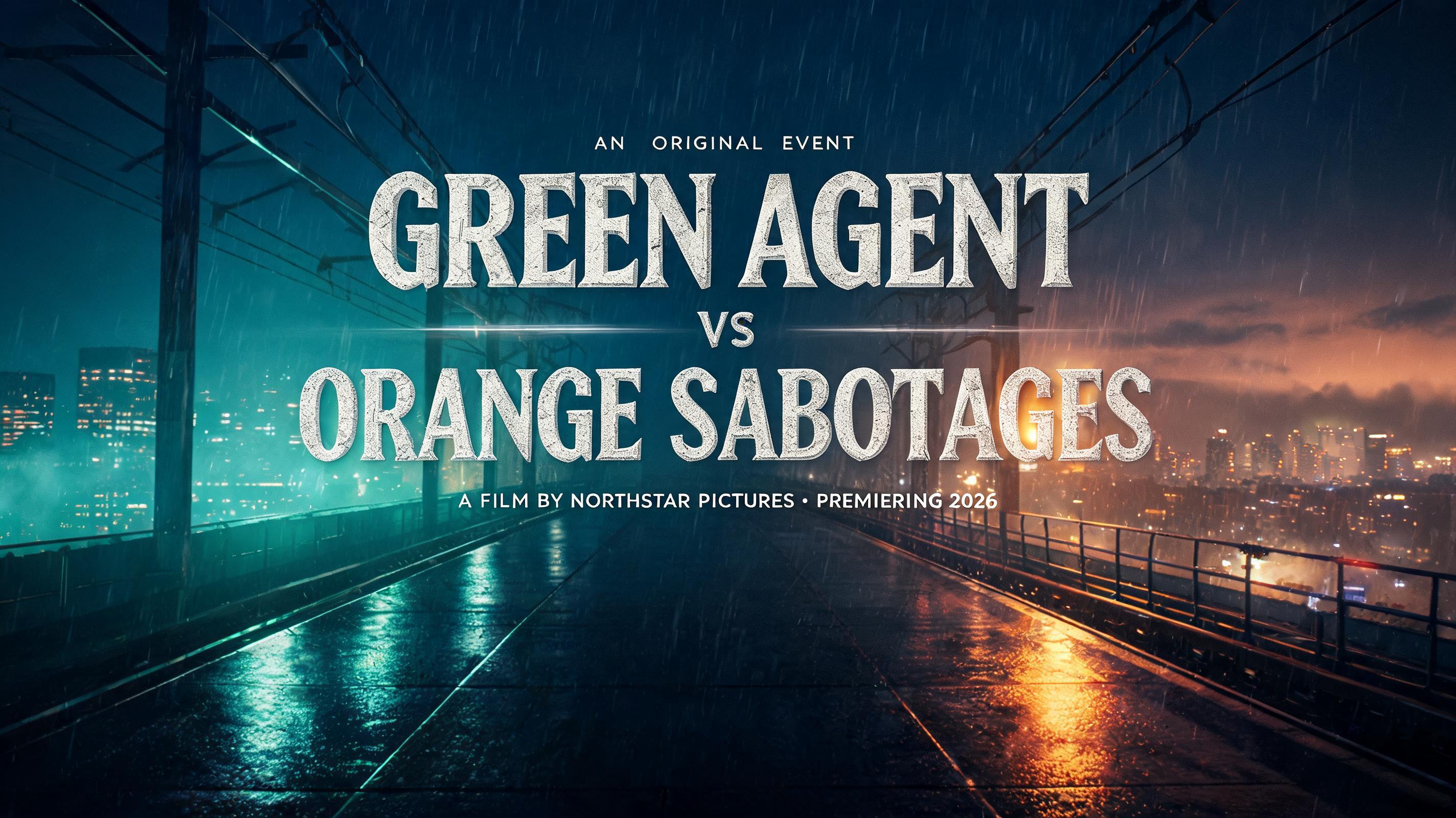 "AN ORIGINAL EVENT
GREEN AGENT
vs ORANGE SABOTAGES
A FILM BY NORTHSTAR PICTURES · PREMIERING 2026" — Cinematic Netflix | AI Text Effect Generator