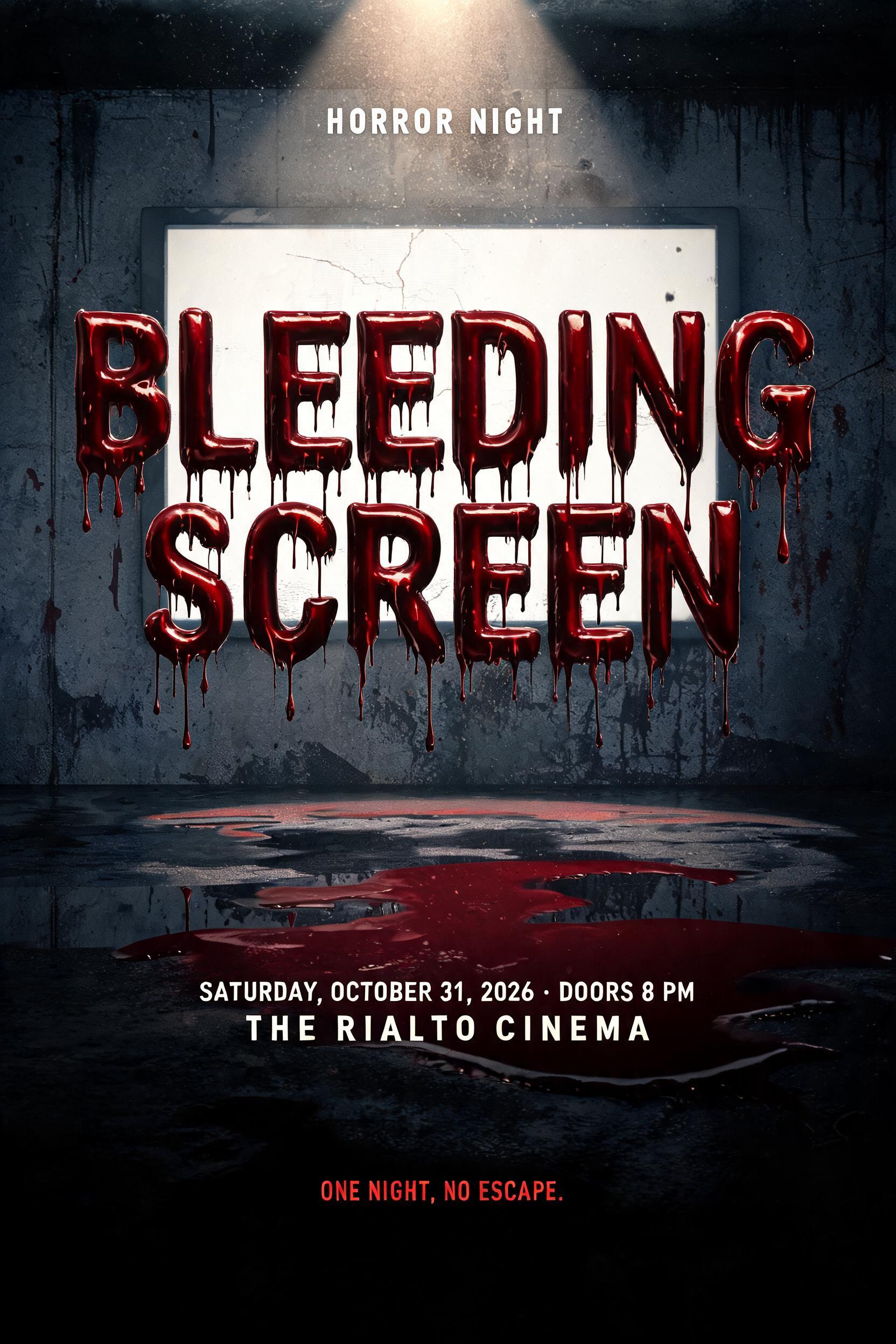 "BLEEDING
SCREEN
HORROR NIGHT
SATURDAY, OCTOBER 31, 2026 · DOORS 8 PM
THE RIALTO CINEMA
ONE NIGHT. NO ESCAPE." — Drip Font | AI Text Effect Generator