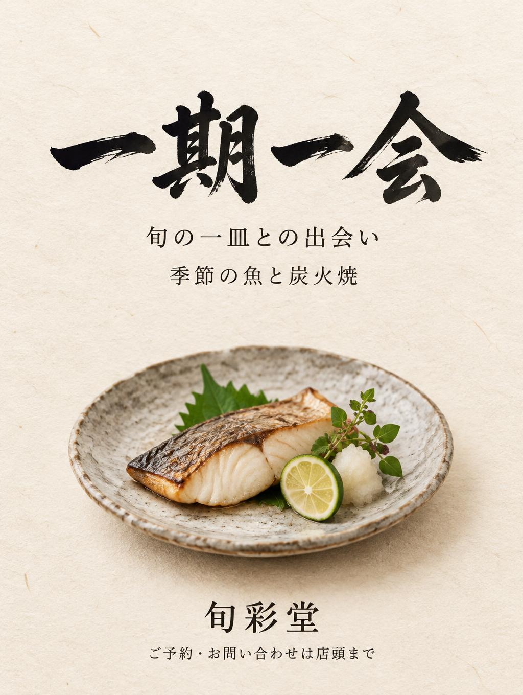 "一期一会
旬の一皿との出会い
季節の魚と炭火焼
旬彩堂
ご予約・お問い合わせは店頭まで" — Brush Japanese Ink | AI Text Effect Generator