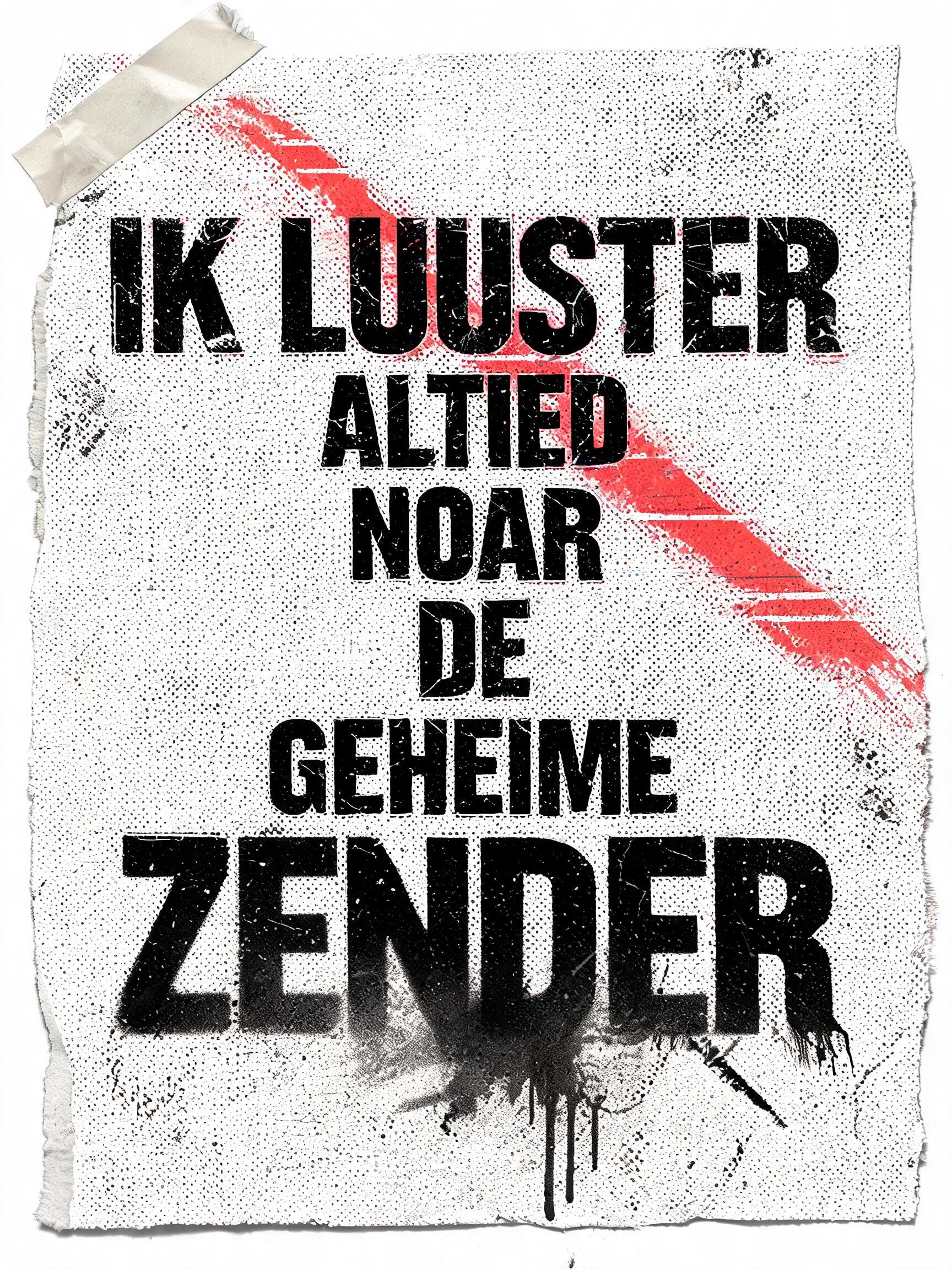 "IK LUUSTER
ALTIED
NOAR
DE
GEHEIME
ZENDER" — Grunge text effect