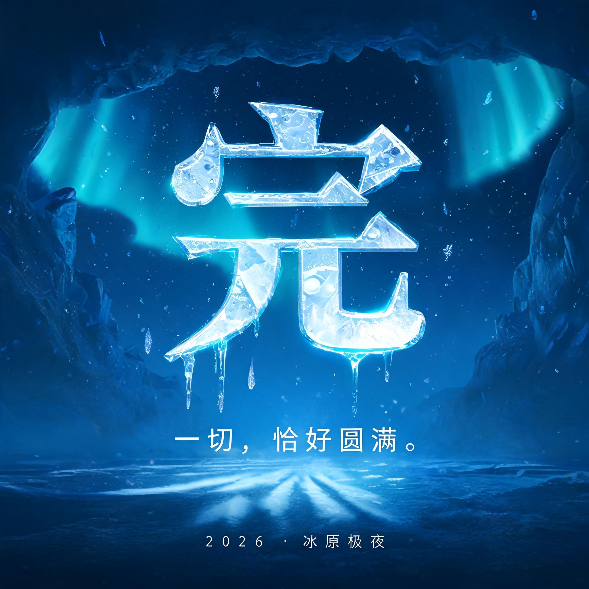 "完
一切，恰好圆满。
2026 · 冰原极夜" — Glass Frozen text effect