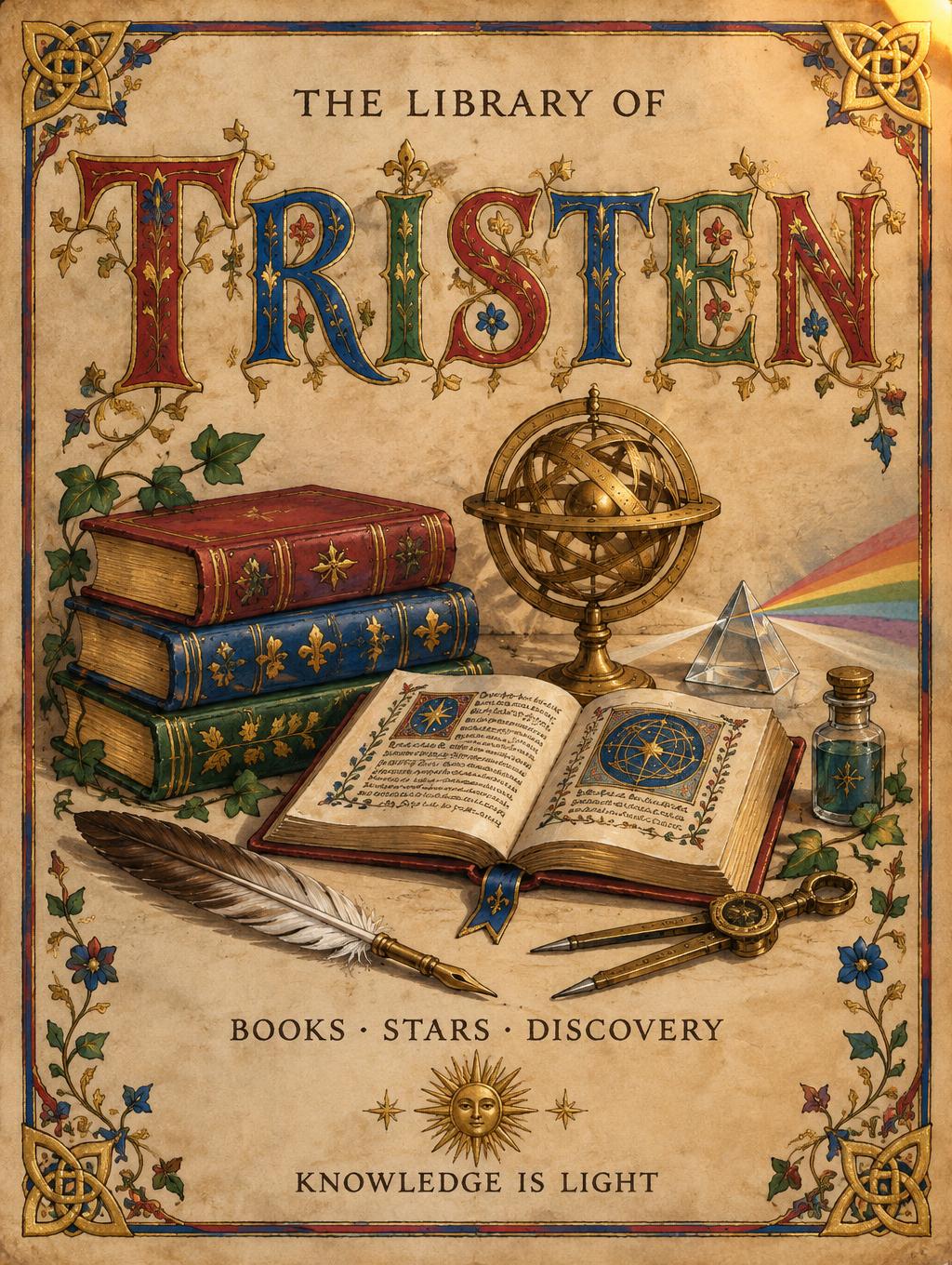 "TRISTEN
THE LIBRARY OF
BOOKS · STARS · DISCOVERY
KNOWLEDGE IS LIGHT" — Medieval | AI Text Effect Generator