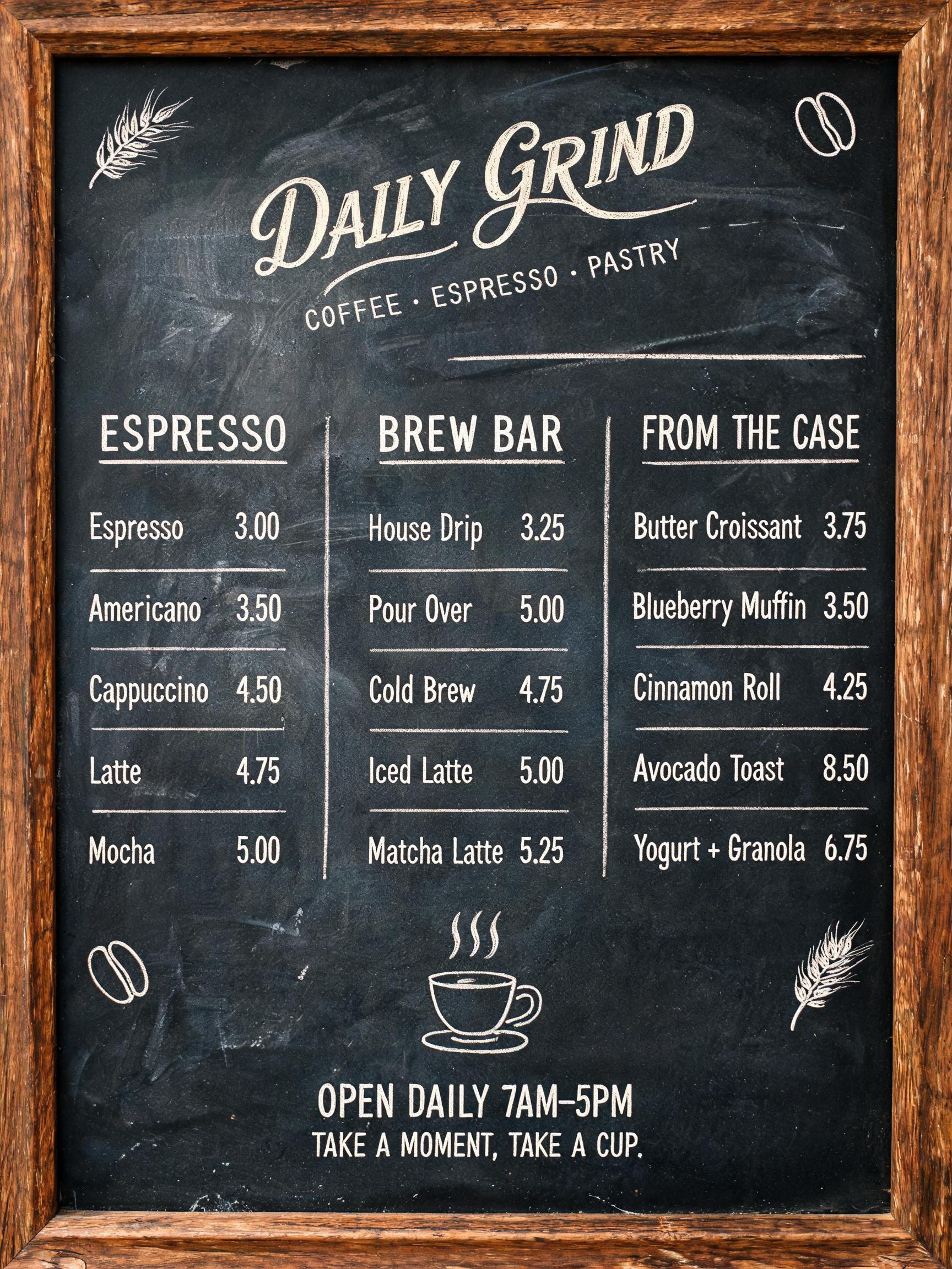 "Design a cafe chalkboard menu for the coffee shop Daily Grind" — Handwritten Script | AI Text Effect Generator