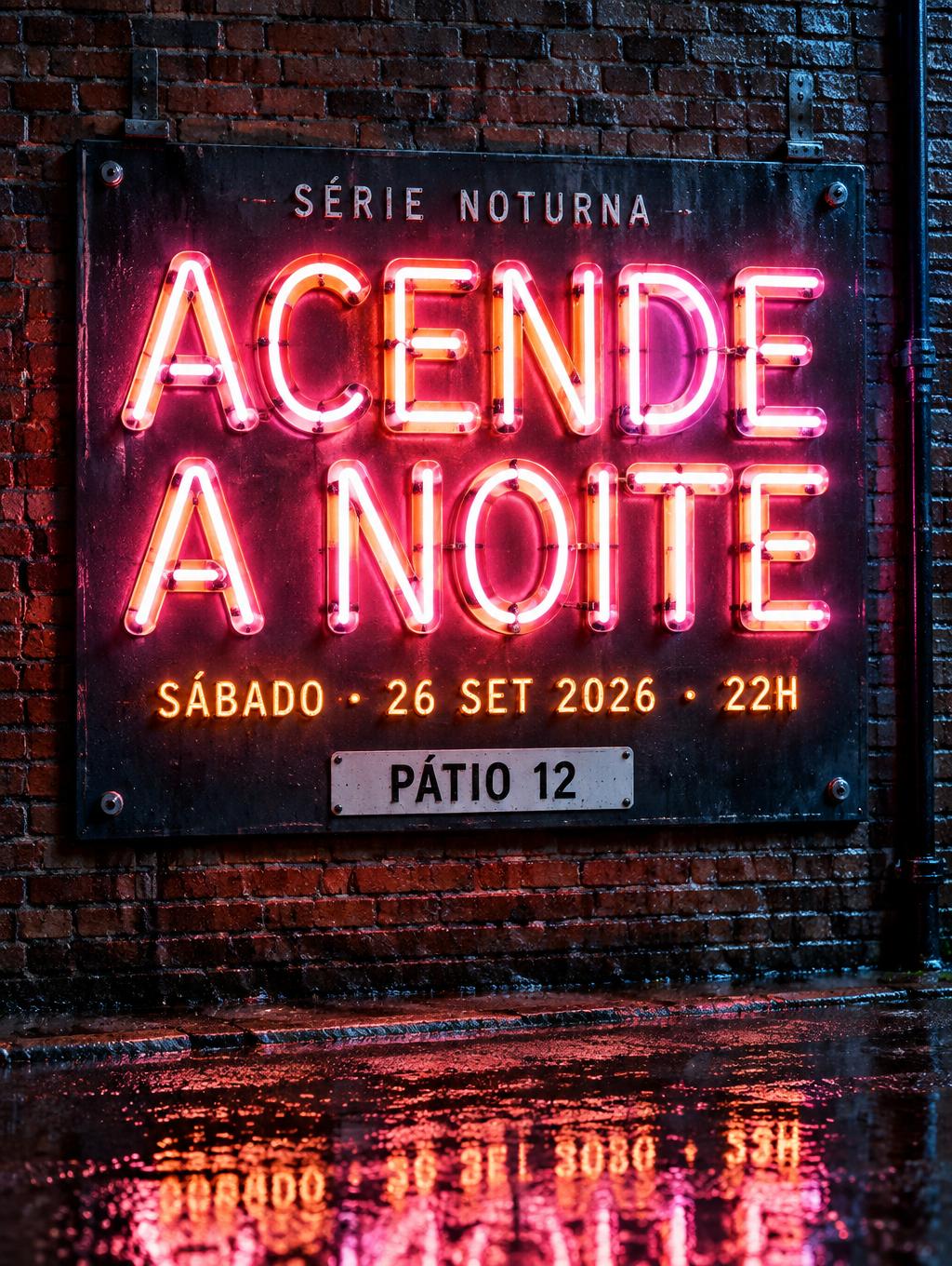 "ACENDE
A NOITE
SÉRIE NOTURNA
SÁBADO · 26 SET 2026 · 22H
PÁTIO 12" — Neon Sign | AI Text Effect Generator