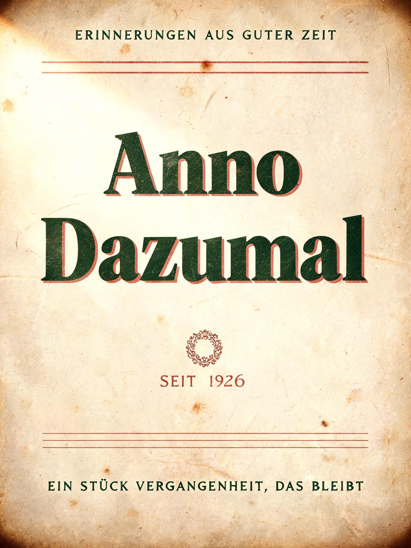 "Anno Dazumal
ERINNERUNGEN AUS GUTER ZEIT
SEIT 1926
EIN STÜCK VERGANGENHEIT, DAS BLEIBT" — Vintage | AI Text Effect Generator
